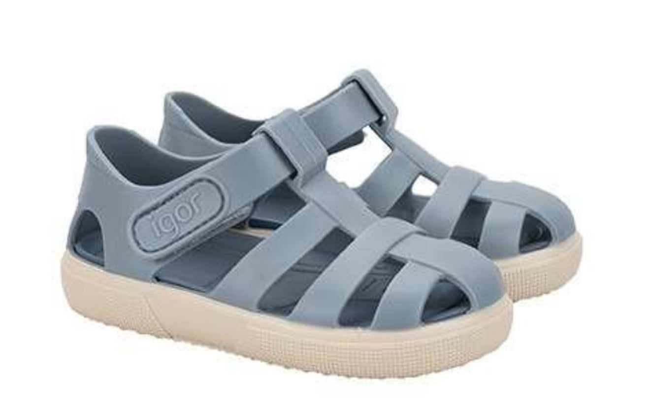 Igor Bay Oceano blue jelly sandals with velcro straps and beige sole