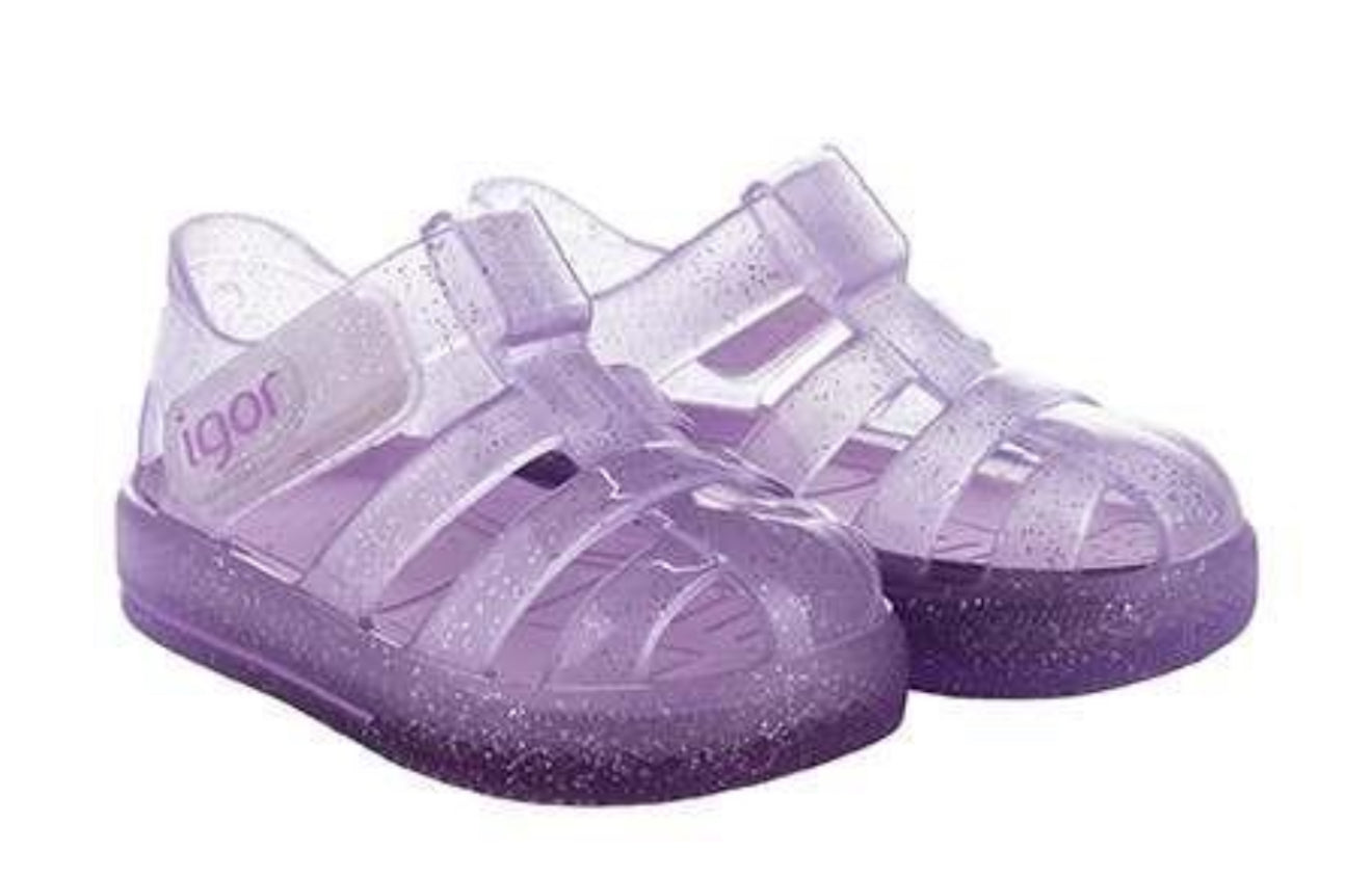 Lilac jelly shoes with star glitter, clear double straps and molded sole