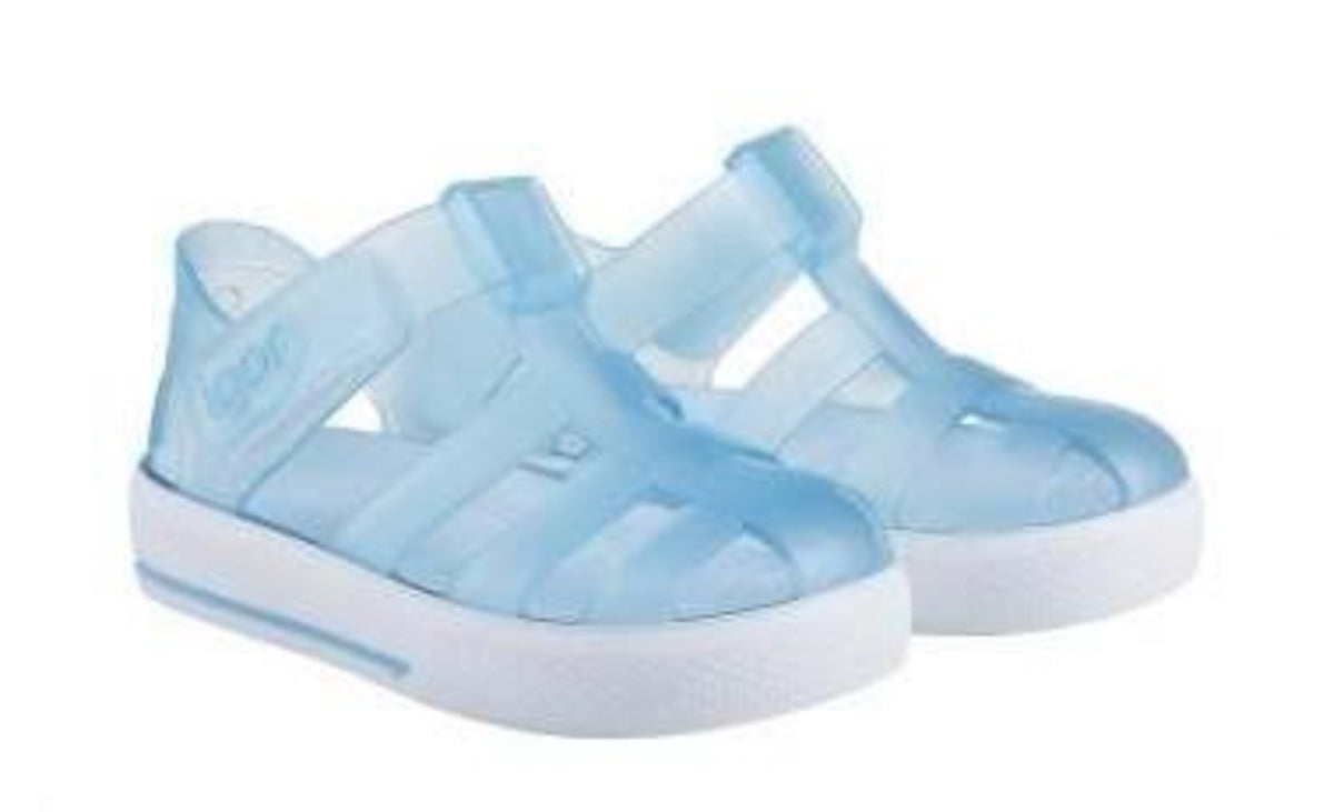 Igor Star transparent jellie shoes, baby blue, Velcro straps, white sole