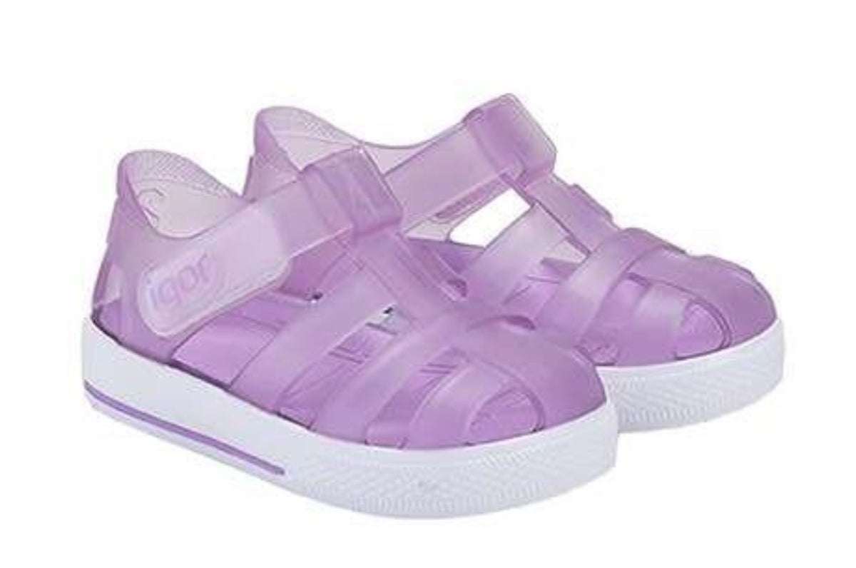 Transparent jelly shoes in lilac with star logo, Velcro straps, white sole