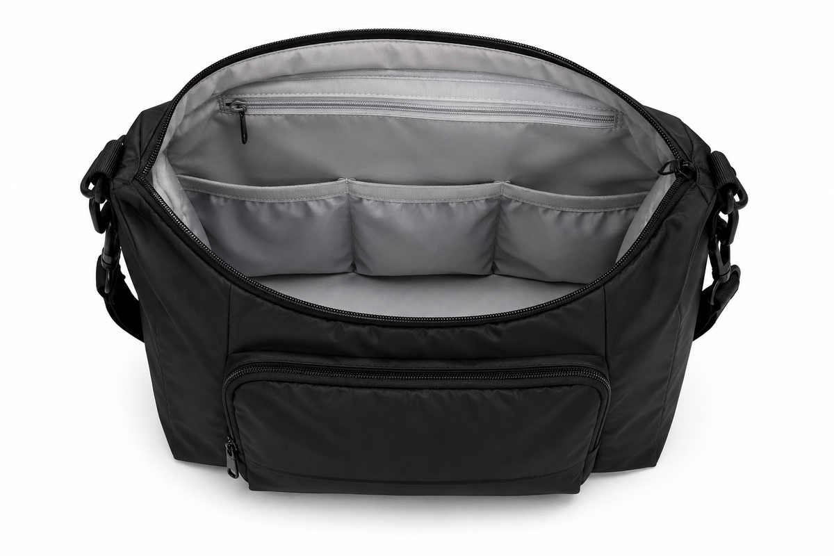 Black changing bag interior with gray organizer panels and zippered front pocket