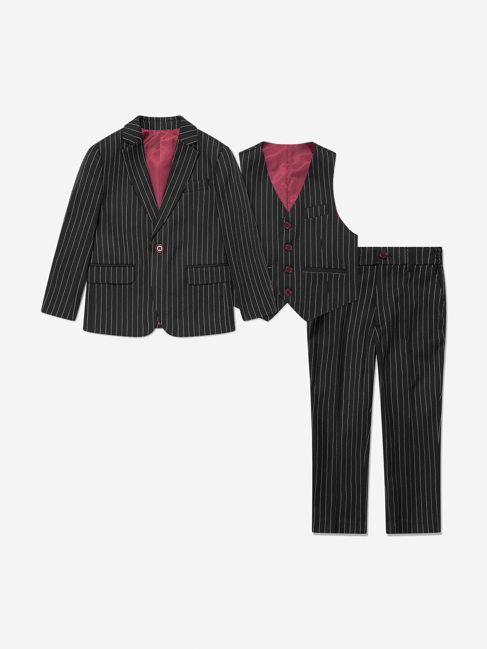 Boys 3-piece black pinstripe suit set: jacket, waistcoat, trousers
