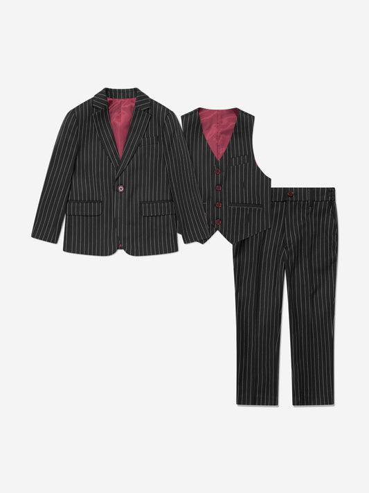 Boys 3-piece black pinstripe suit set: jacket, waistcoat, trousers