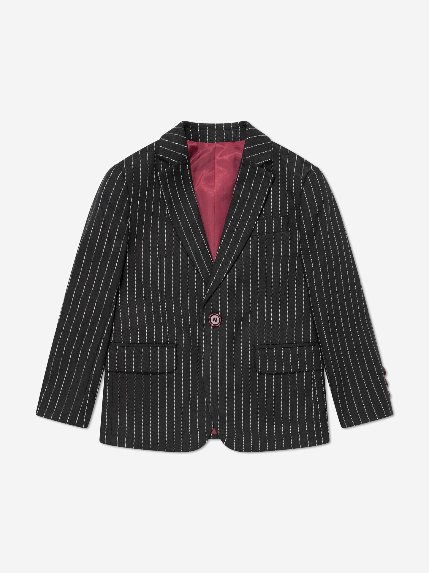 Boys black pinstripe suit jacket with maroon inner lining and two front pockets