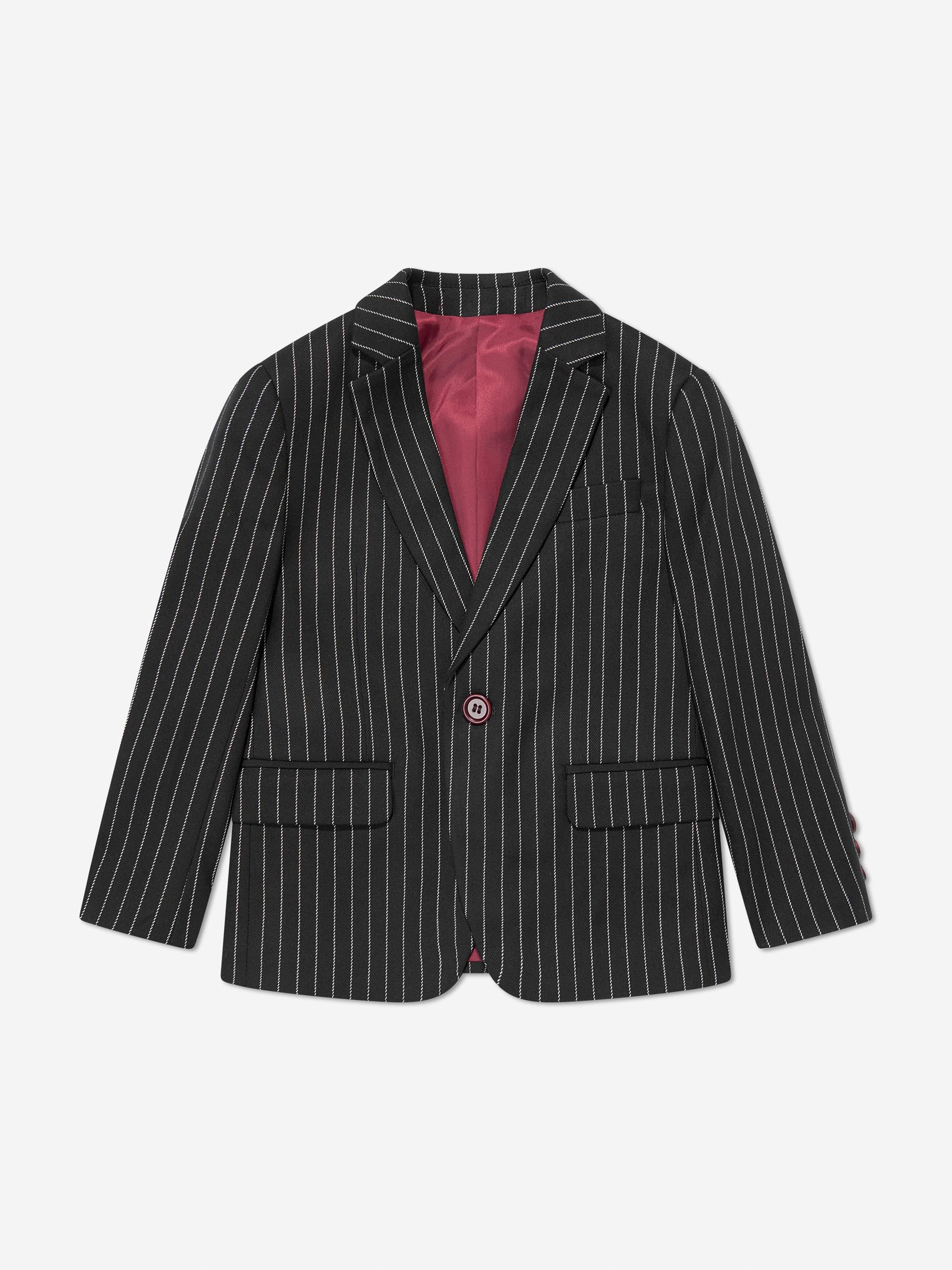 Boys black pinstripe suit jacket with maroon inner lining and two front pockets