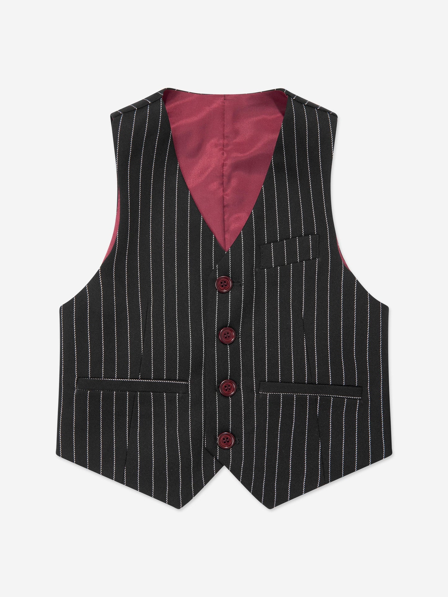 Boys black pinstripe waistcoat with maroon satin lining and four-button front