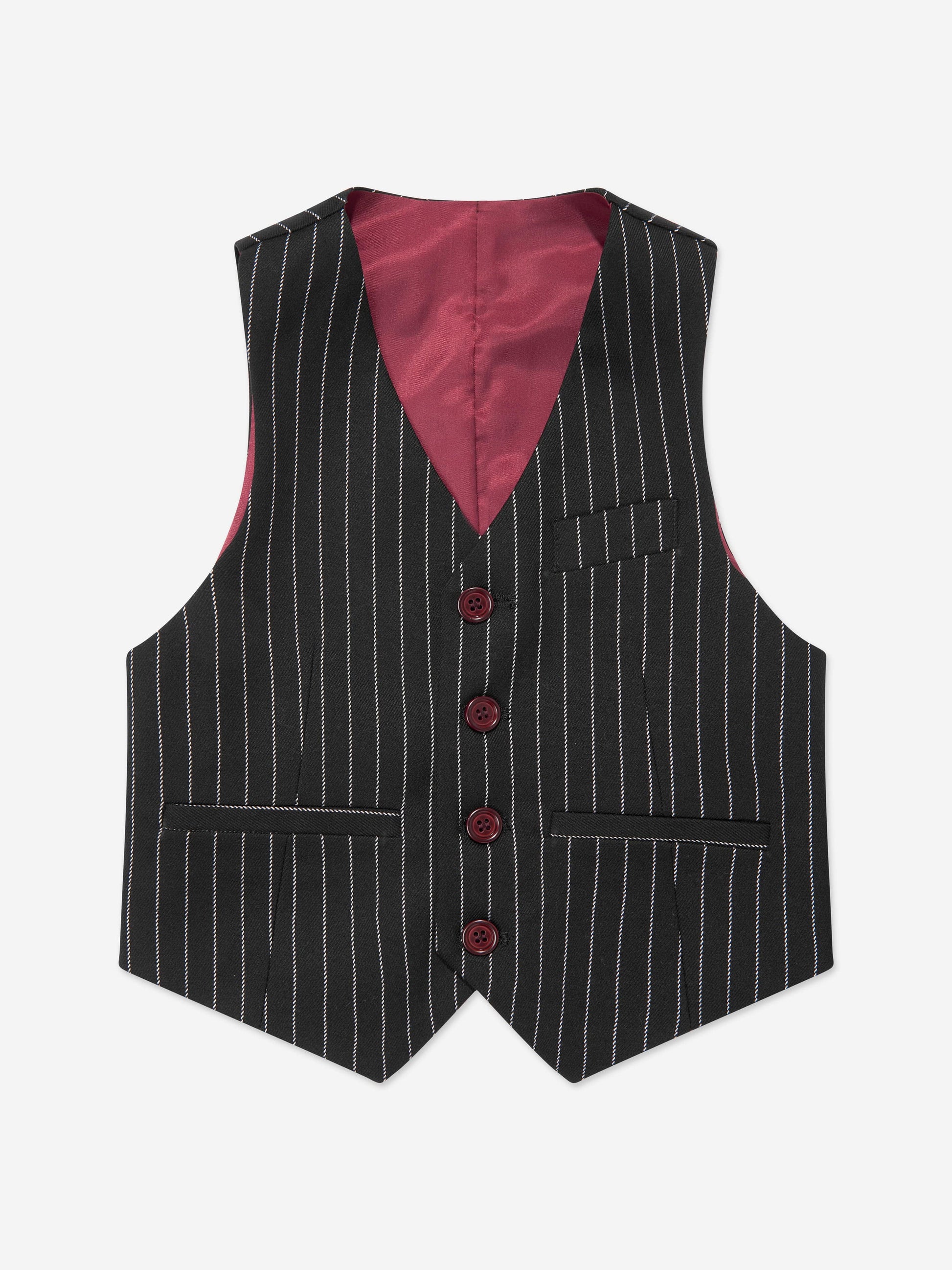 Boys black pinstripe waistcoat with maroon satin lining and four-button front