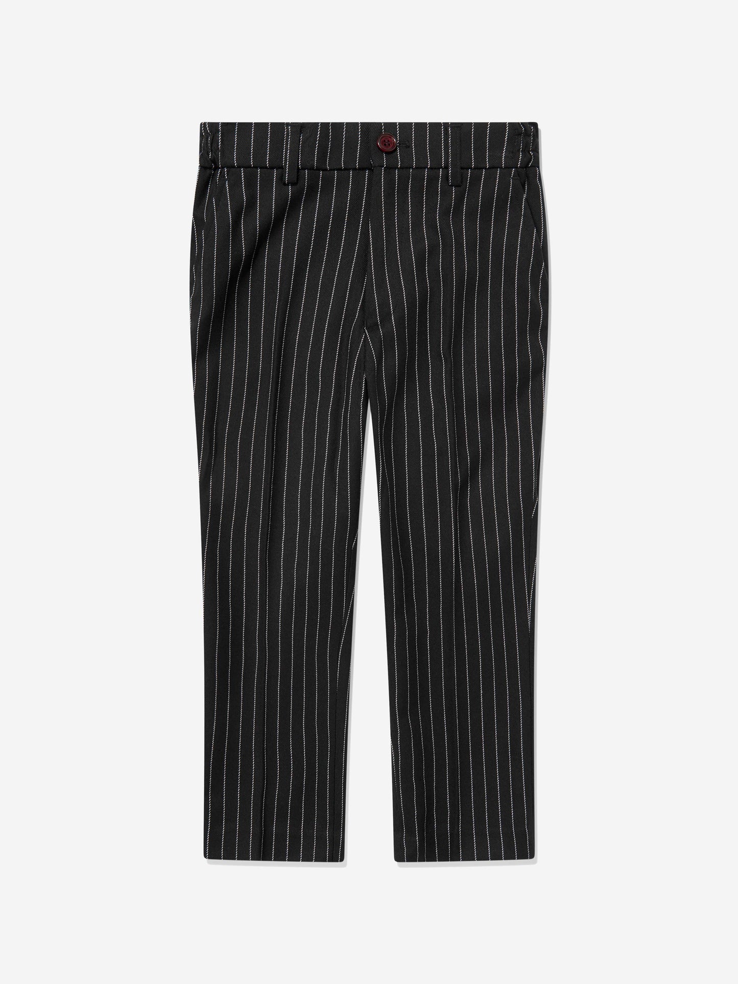 Boys black pinstripe suit trousers with waistband and front button closure