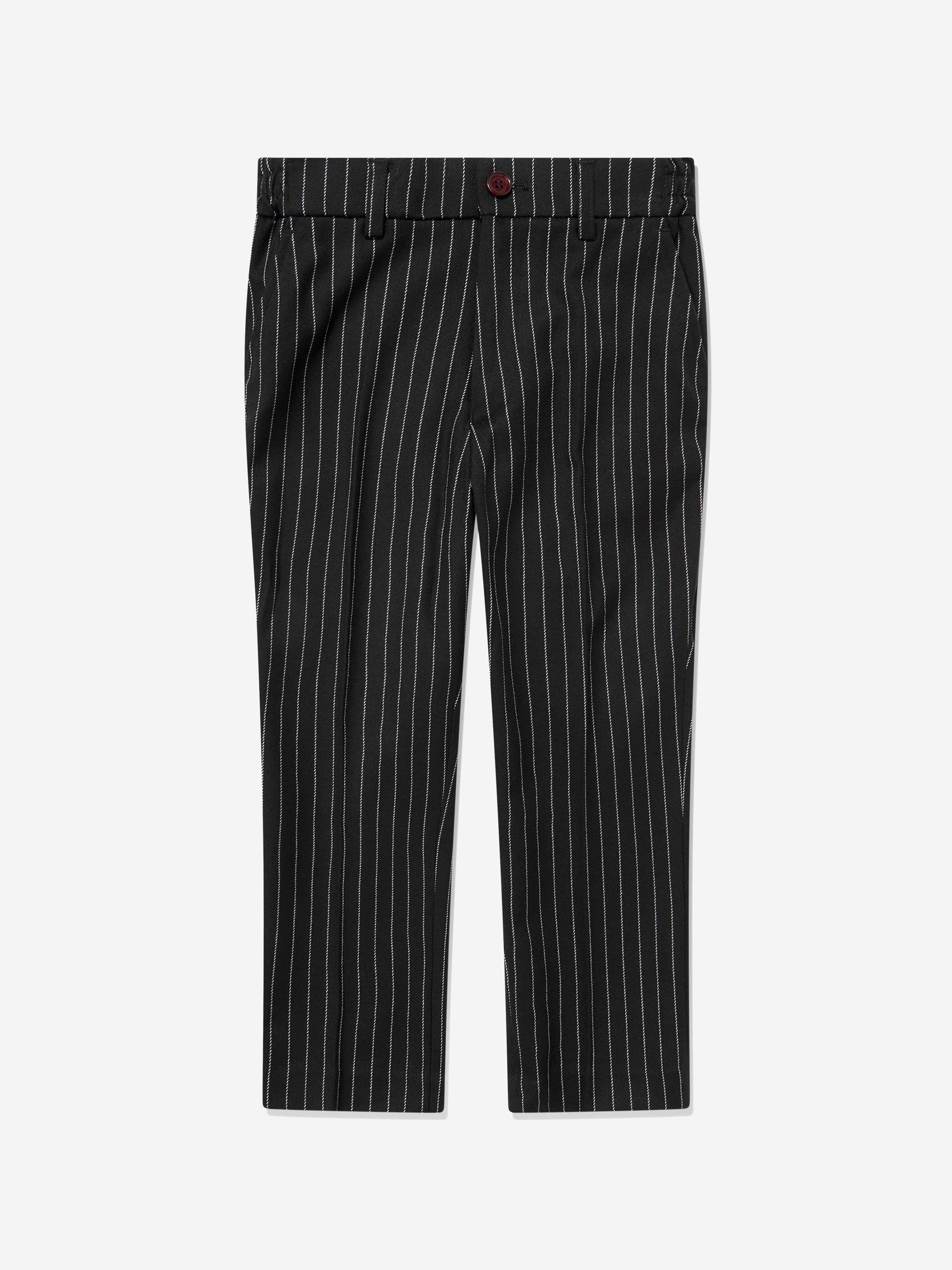 Boys black pinstripe suit trousers with waistband and front button closure