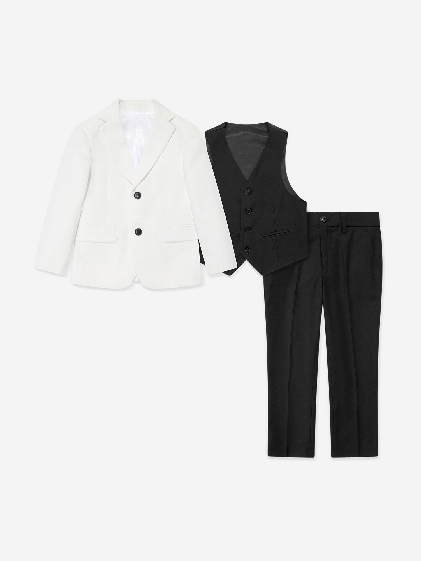 Boys tuxedo 3-piece set: white jacket with black waistcoat and trousers