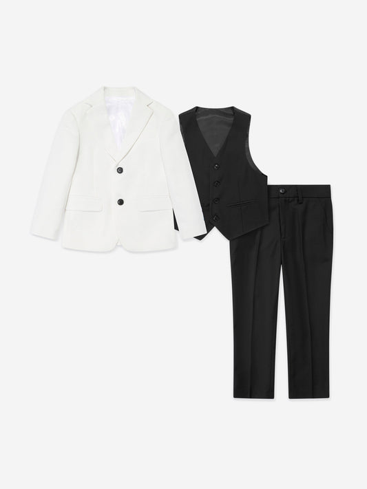 Boys tuxedo 3-piece set: white jacket with black waistcoat and trousers