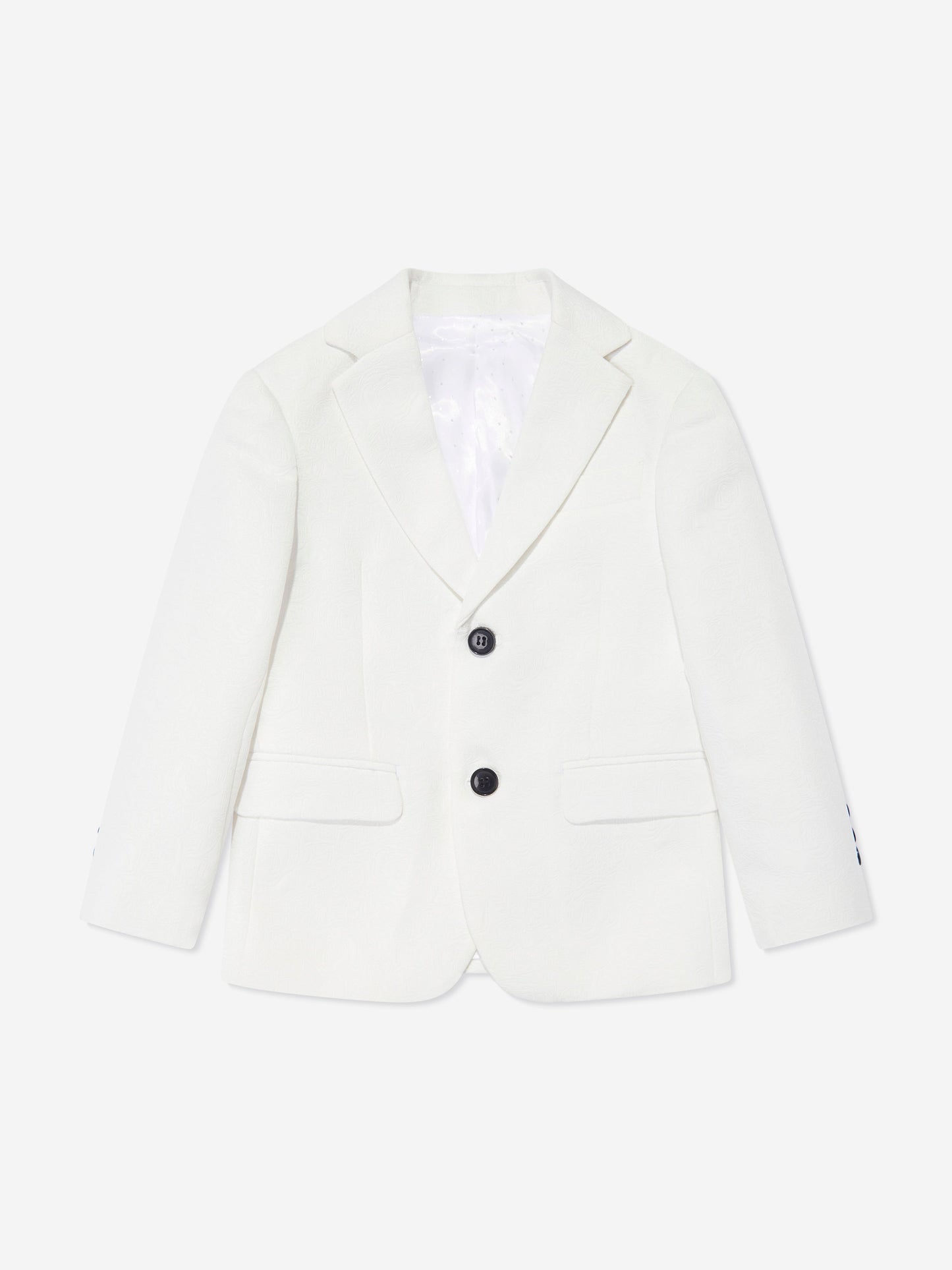 White boys tuxedo jacket with notch lapels and two-button front