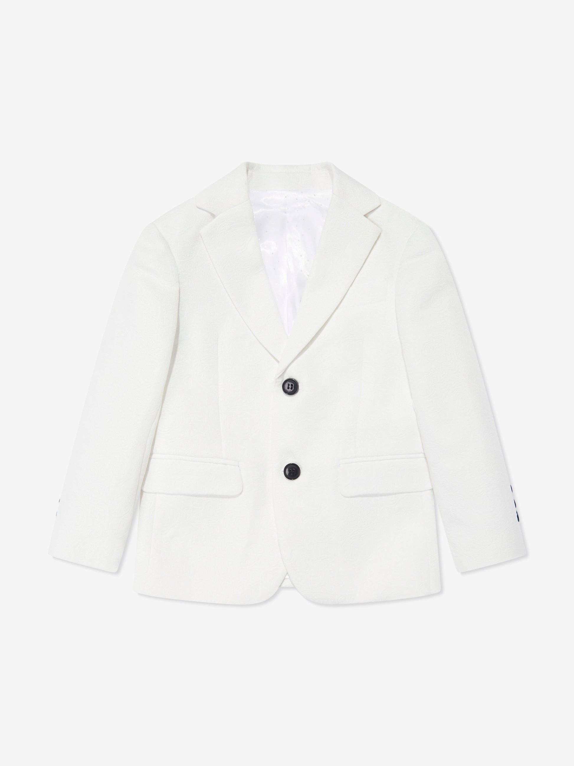 White boys tuxedo jacket with notch lapels and two-button front