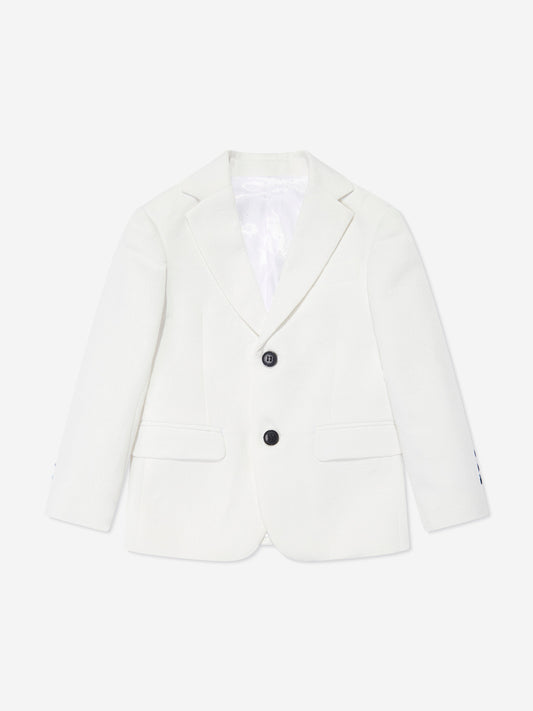 White boys tuxedo jacket with notch lapels and two-button front