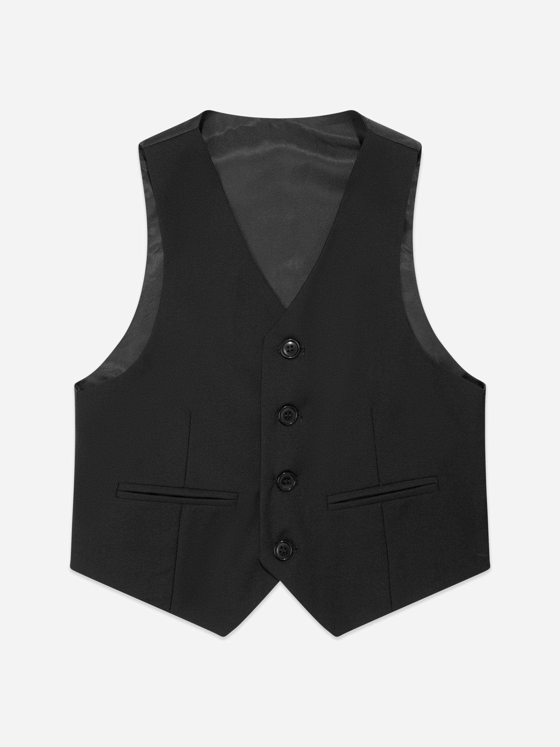 Black boys tuxedo waistcoat with five-button front and welt pockets