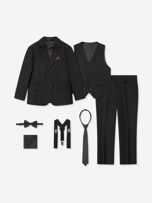 Boys black suit blazer with black waistcoat, trousers, tie, bow tie and accessories set