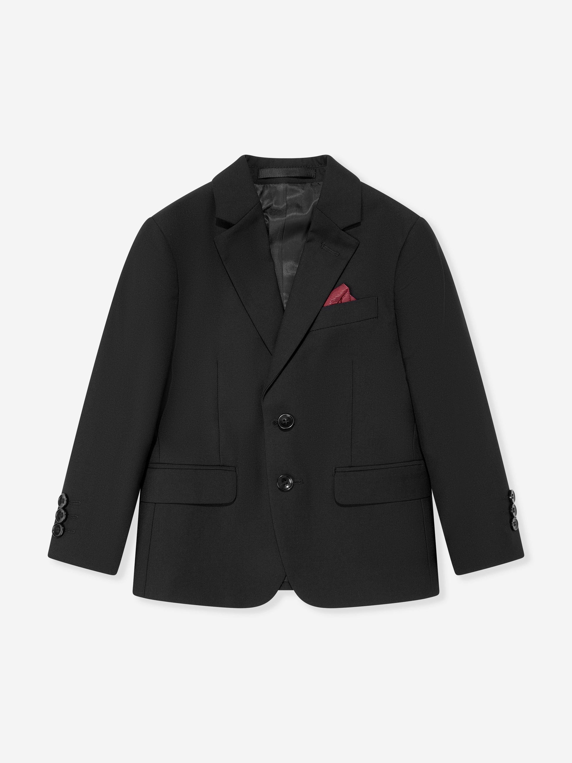 Black boys suit blazer with notch lapels, breast pocket and subtle lining detail