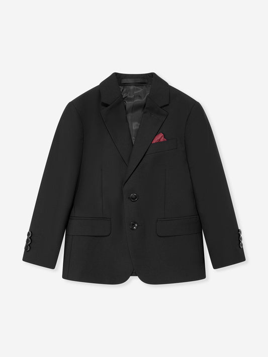 Black boys suit blazer with notch lapels, breast pocket and subtle lining detail