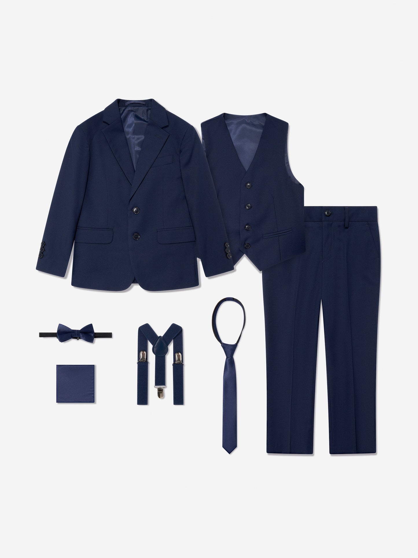 Navy boys 7-piece suit set: blazer, waistcoat, trousers, tie, bow tie, braces, pocket square