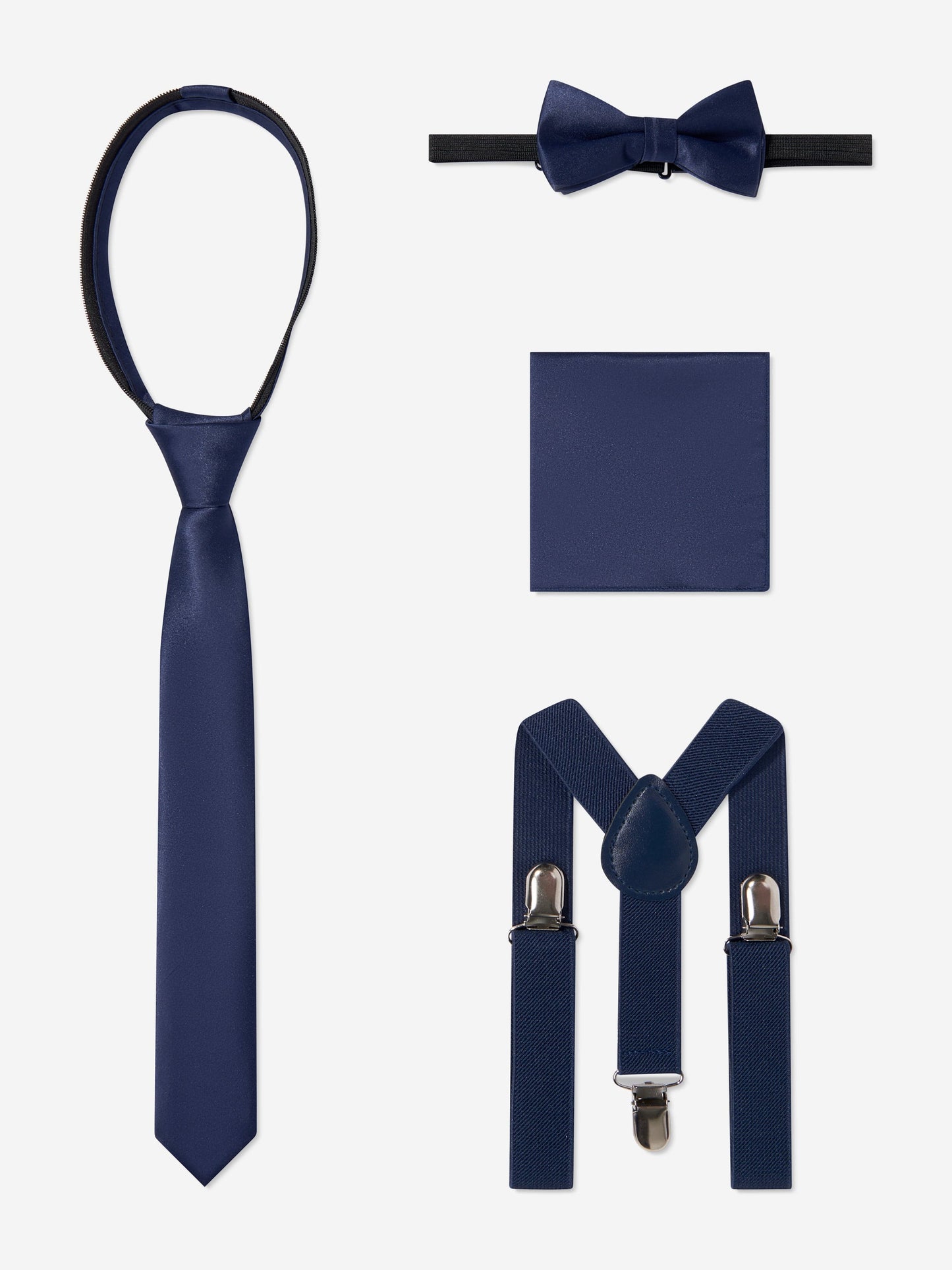 Navy accessories: tie, bow tie, pocket square, and clip-on braces