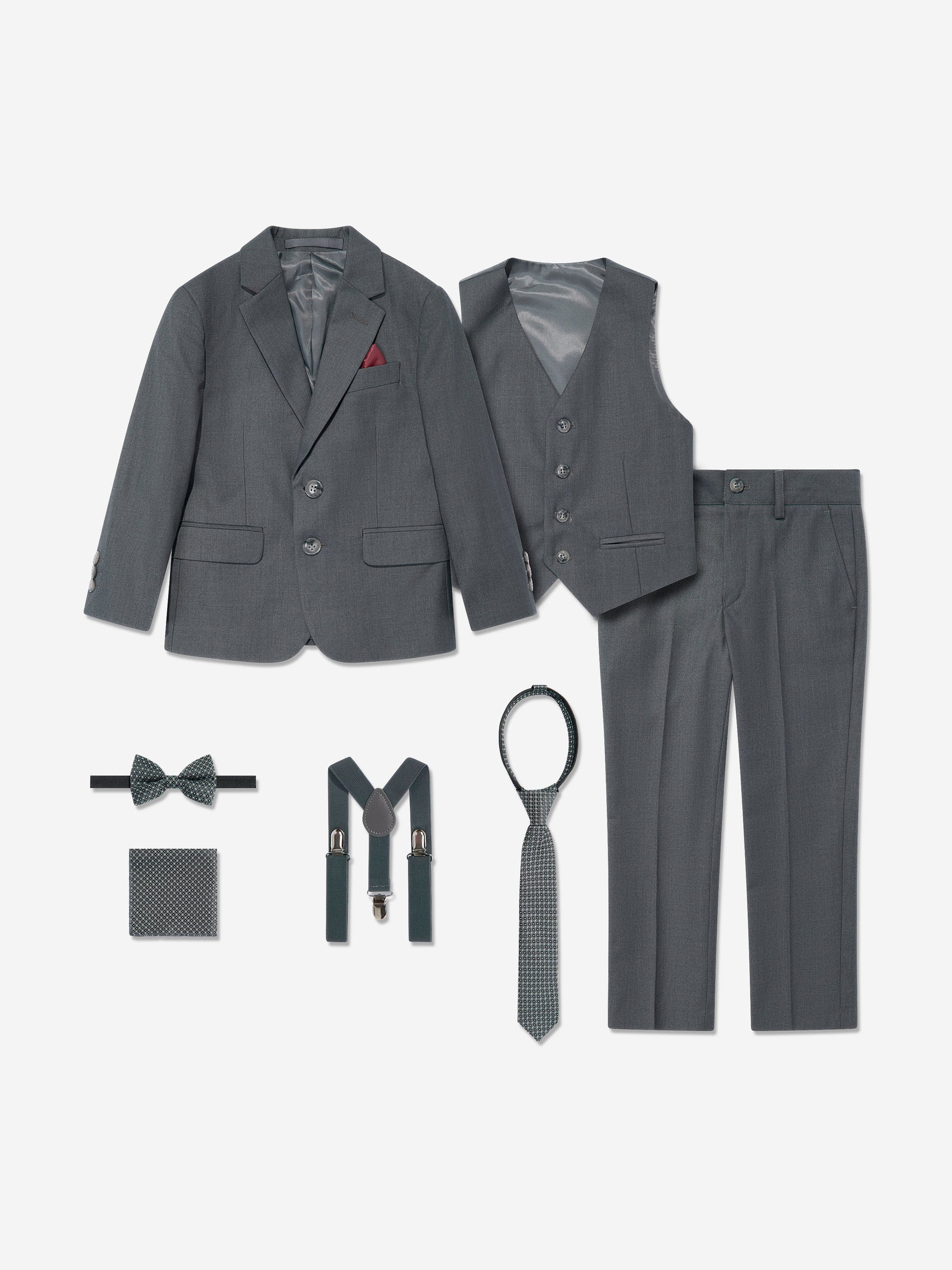 Grey boys 7-piece suit set: blazer, waistcoat, trousers, bow tie, tie, pocket square, braces