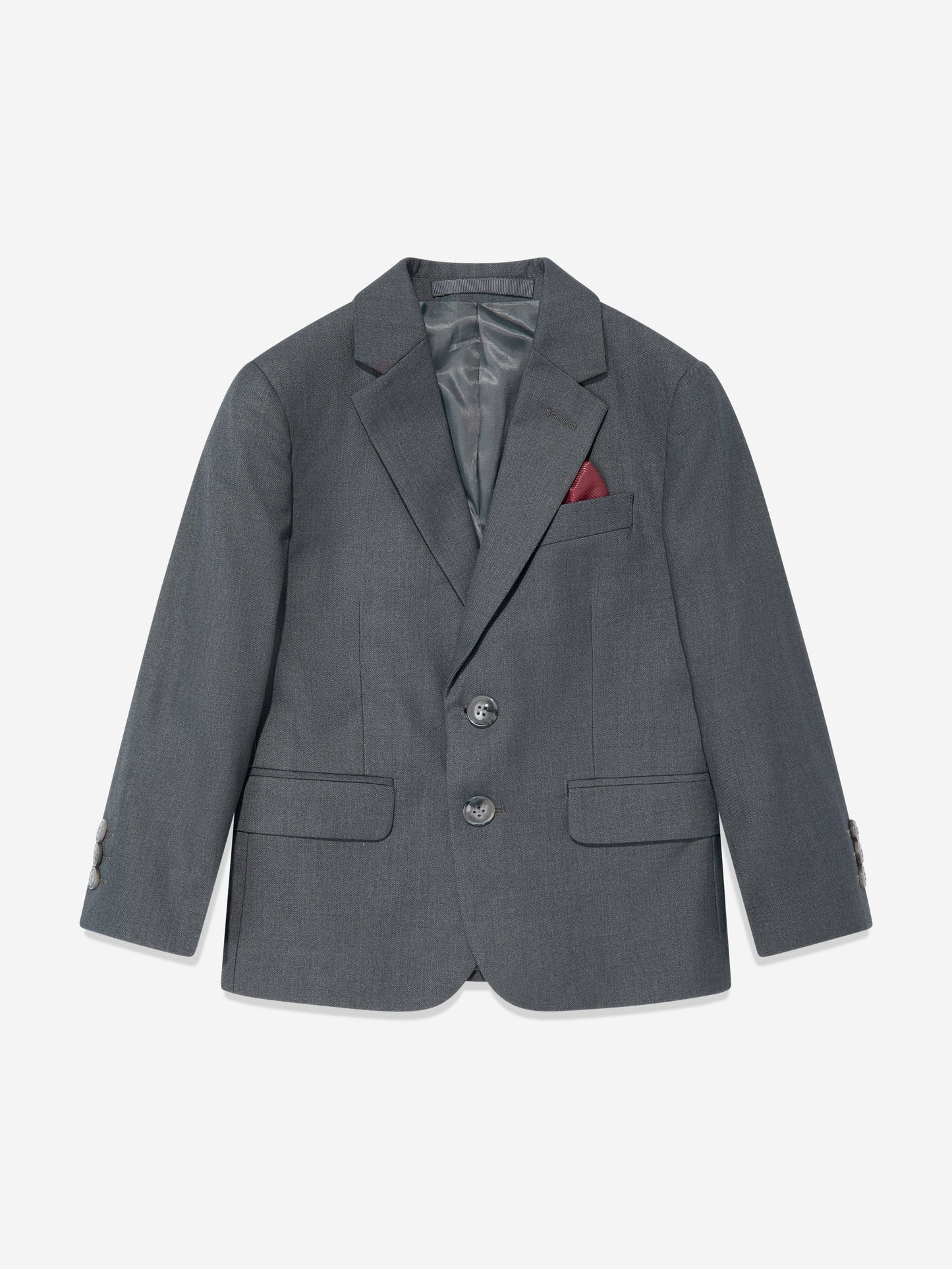 Grey boys blazer jacket with two-button front, flap pockets, and chest pocket