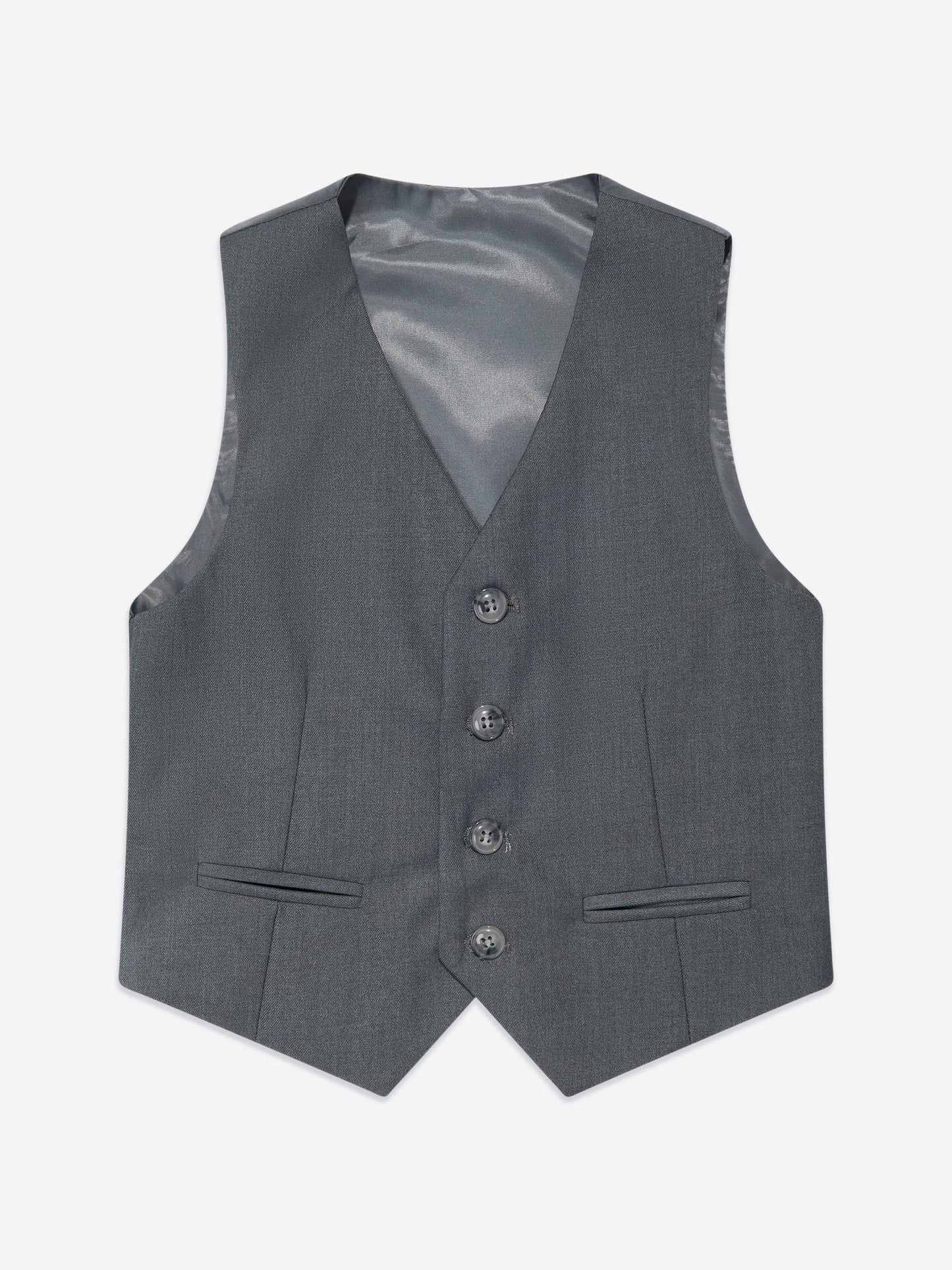 Grey boys waistcoat vest with four-button front and welt pockets