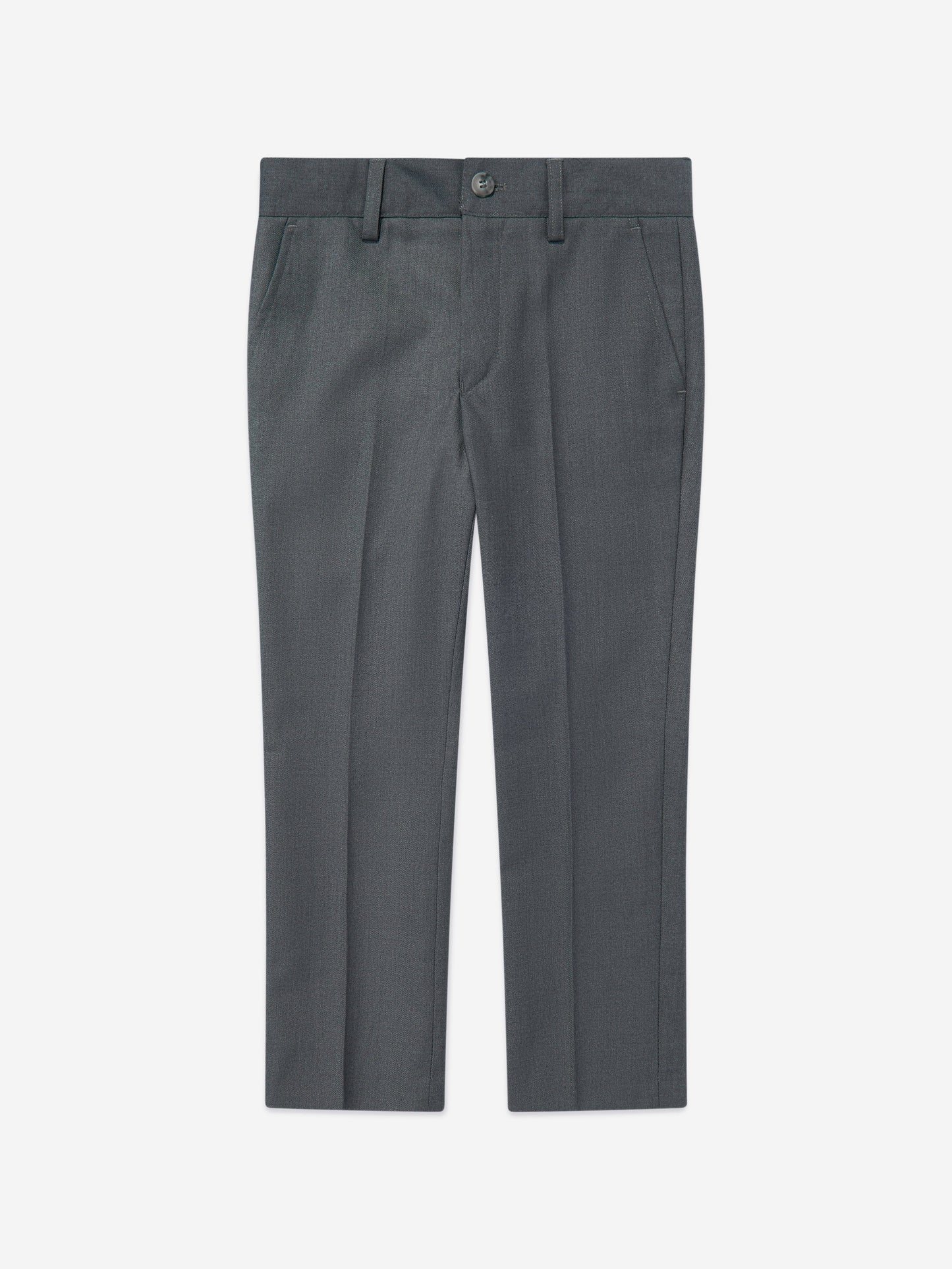 Grey boys suit trousers with belt loops and button-front closure