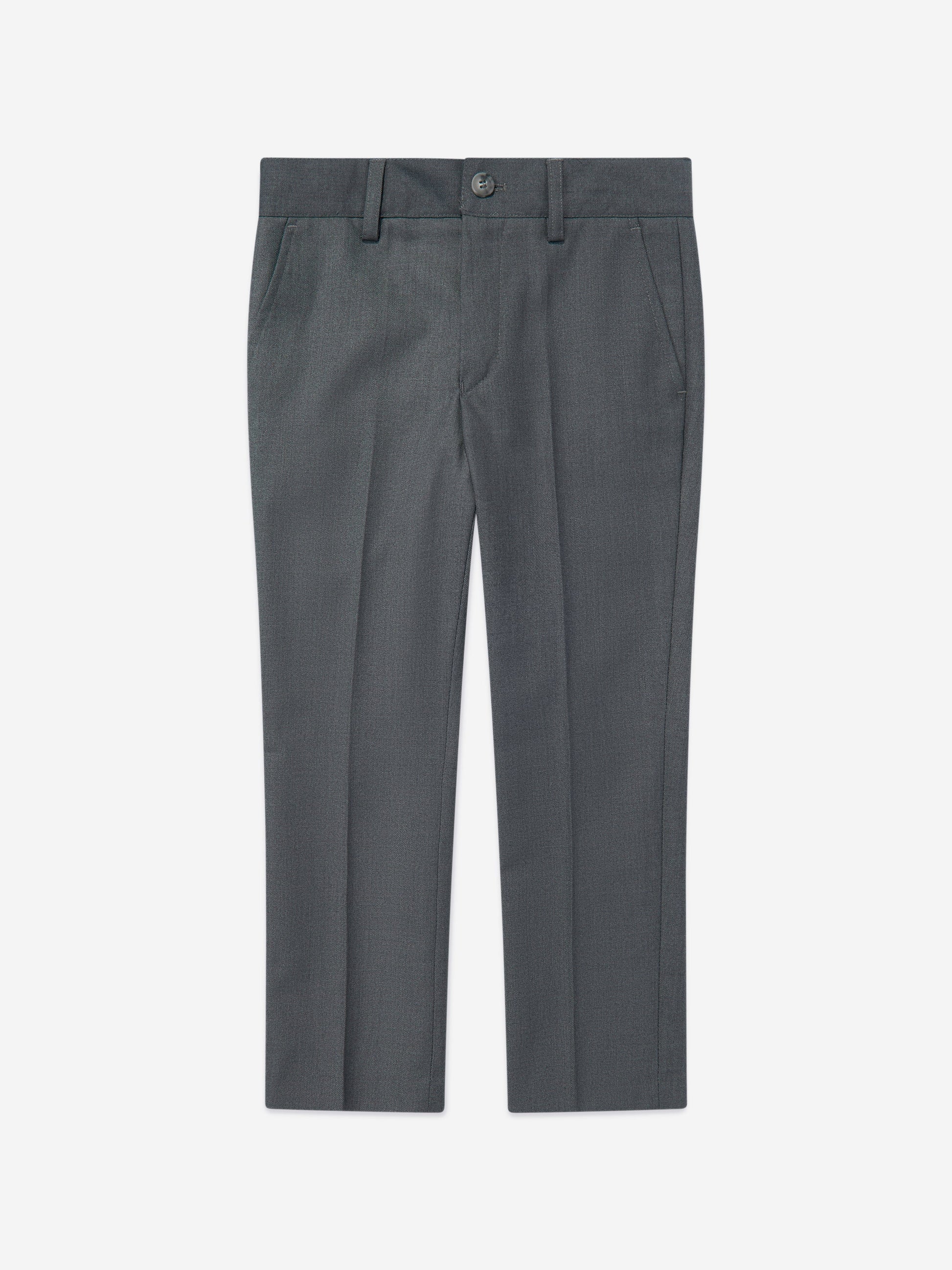 Grey boys suit trousers with belt loops and button-front closure
