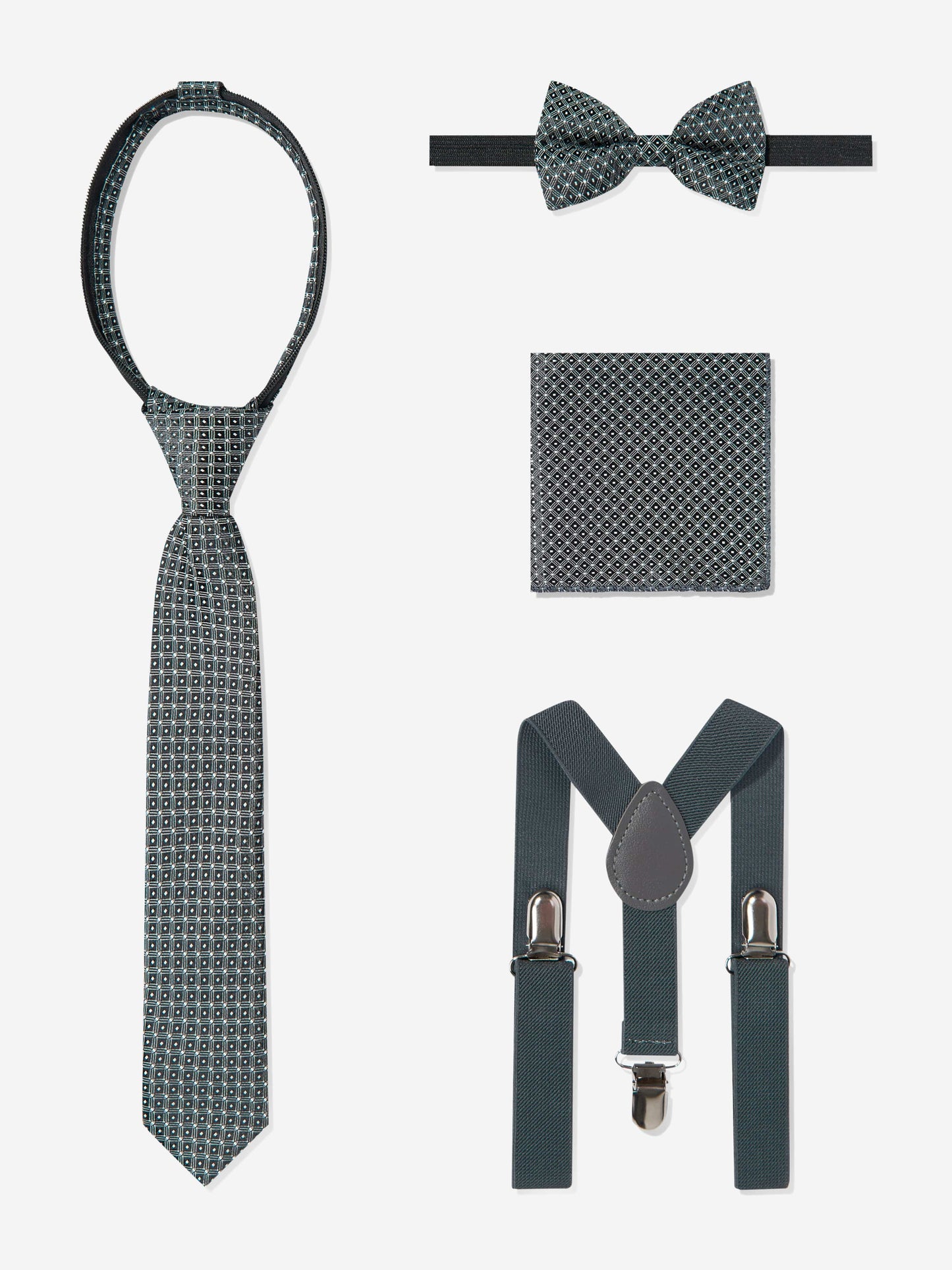 Grey patterned accessories: bow tie, necktie, pocket square, and matching suspenders