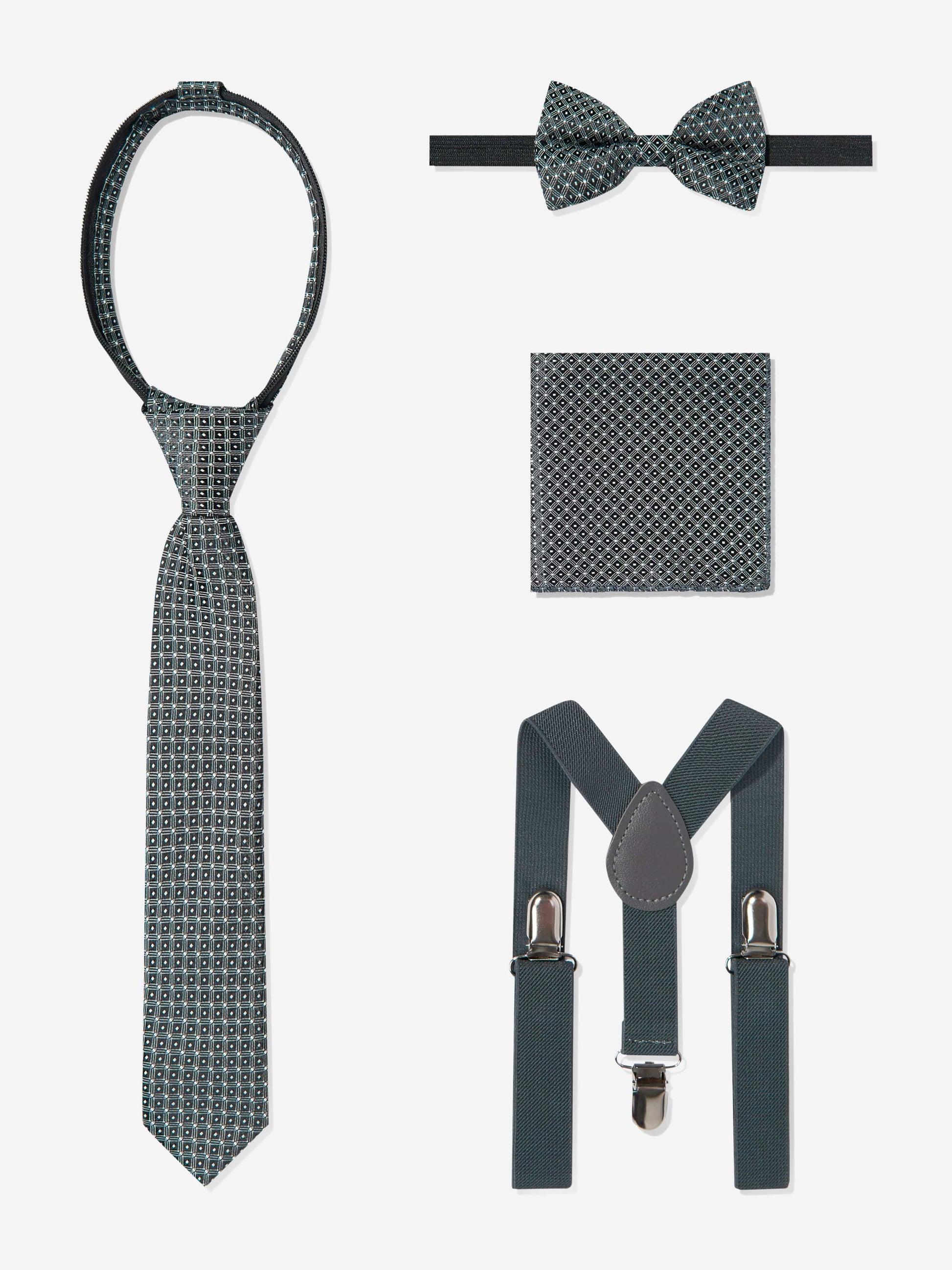 Grey patterned accessories: bow tie, necktie, pocket square, and matching suspenders