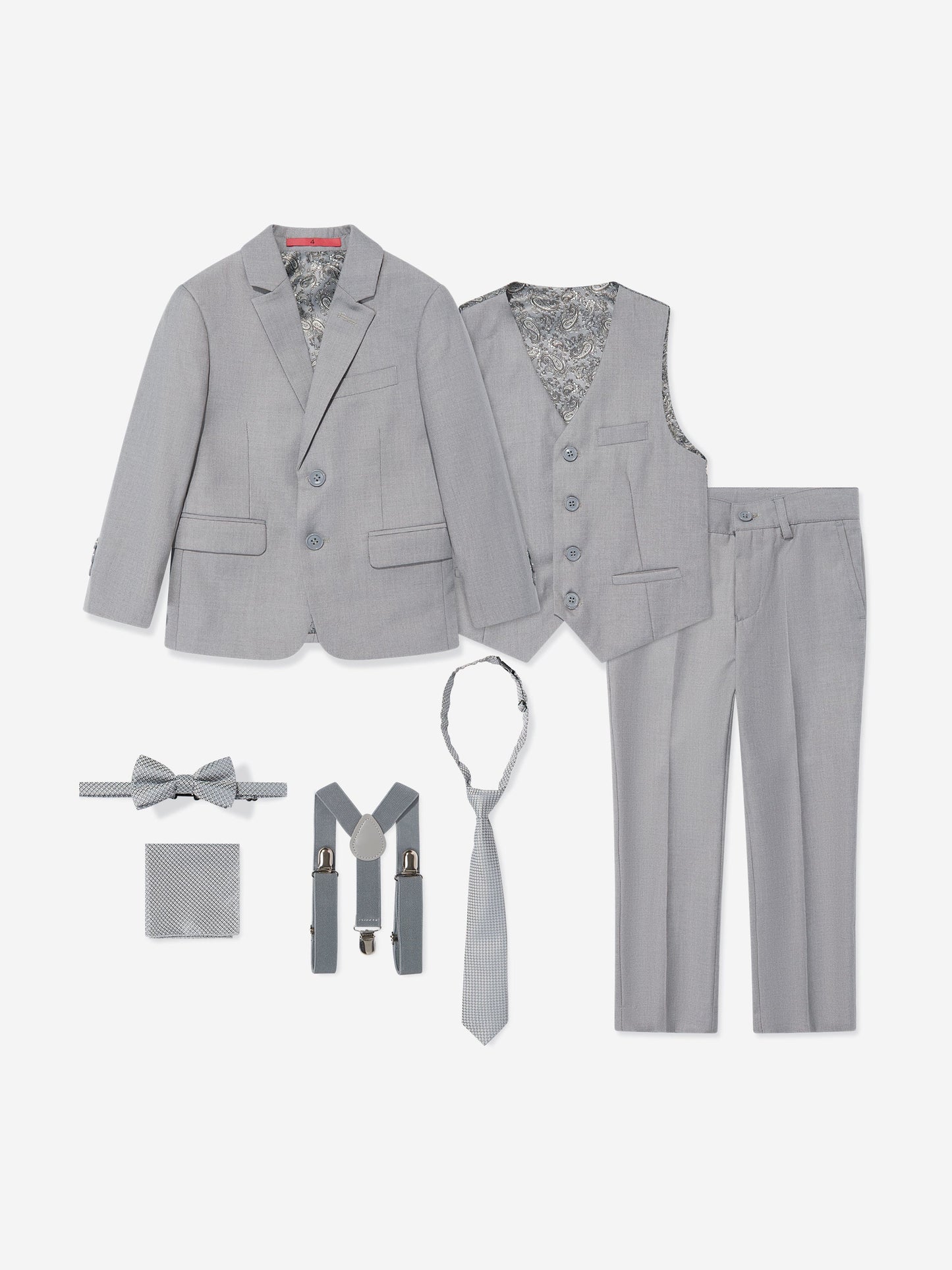 Graues 7-teiliges Jungen-Anzugset: Sakko, Weste, Hose, Krawatte, Fliege, Einstecktuch