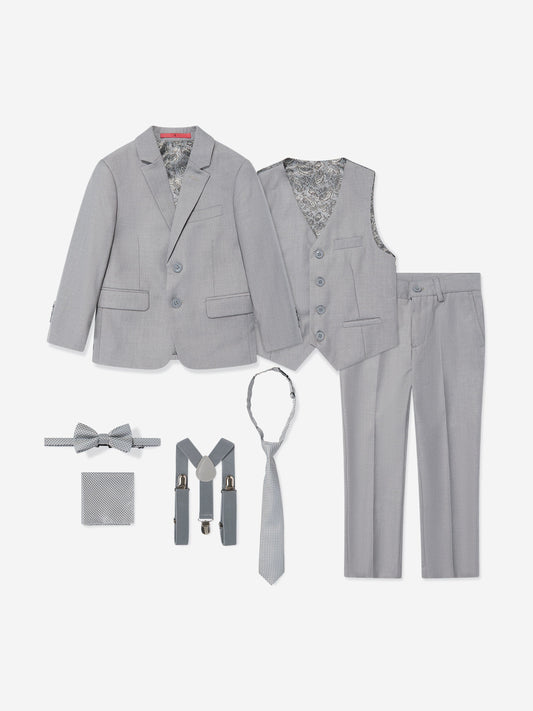 Graues 7-teiliges Jungen-Anzugset: Sakko, Weste, Hose, Krawatte, Fliege, Einstecktuch