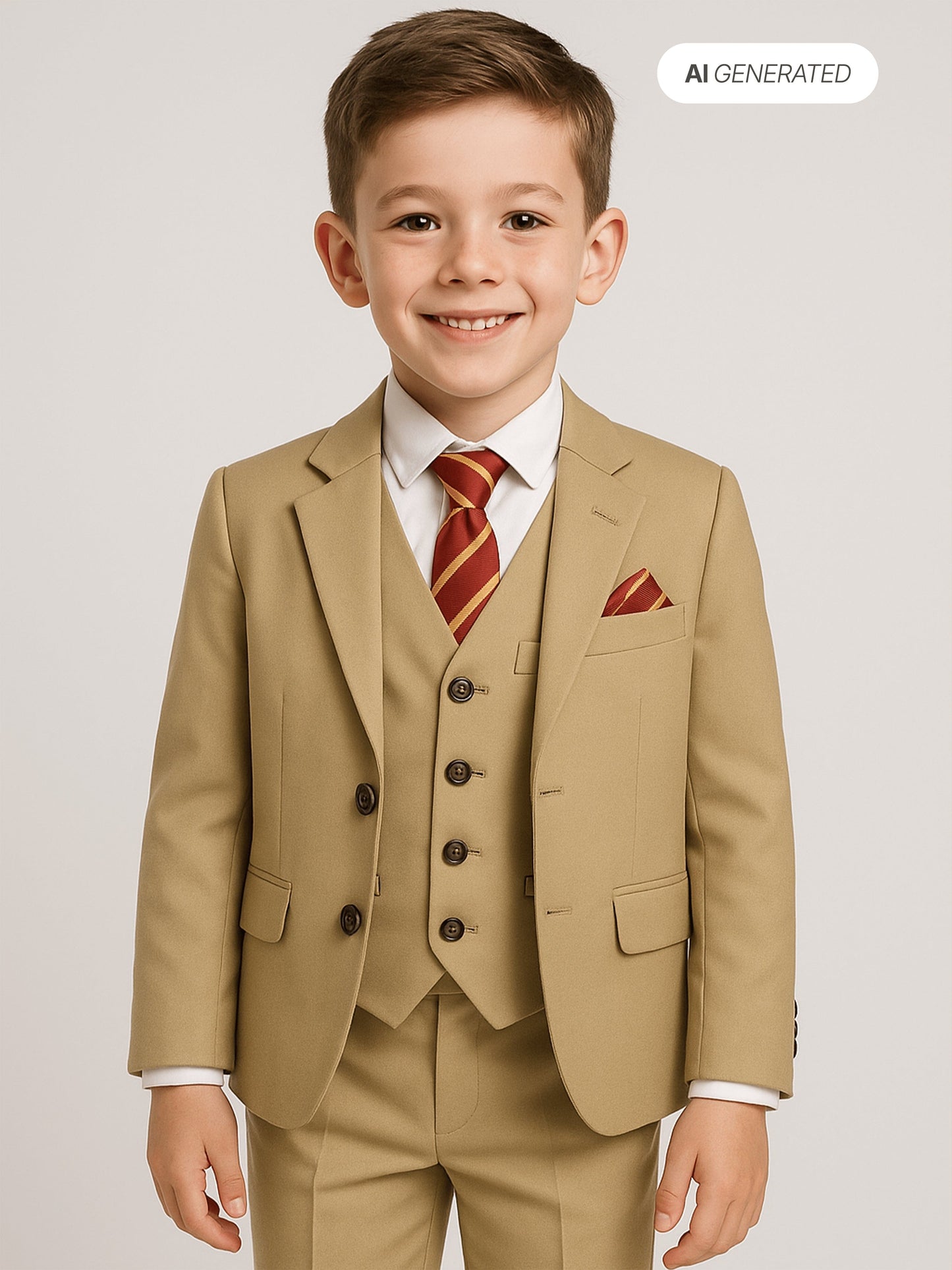 Beige boys suit jacket with patterned inner collar and breast pocket detail