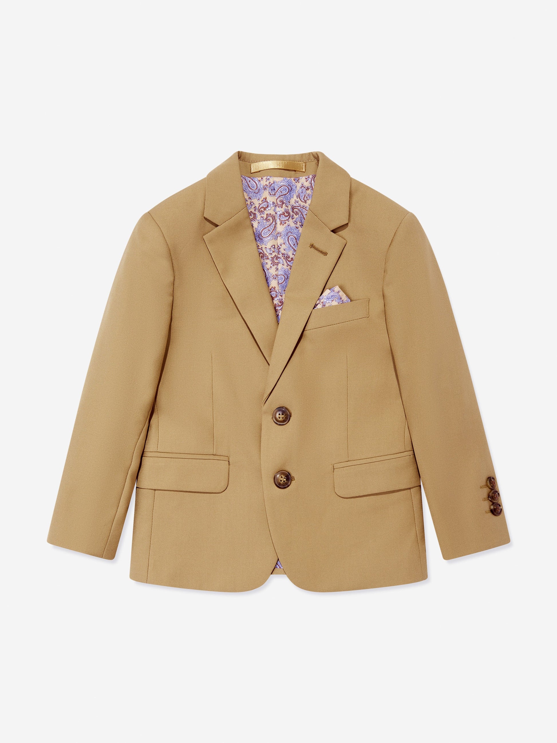 Beige boys blazer with purple patterned lining, welt pockets, and button fastening