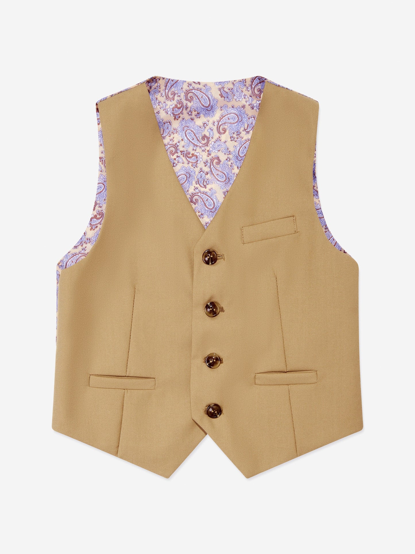 Beige boys waistcoat with purple patterned back lining and four brown button front