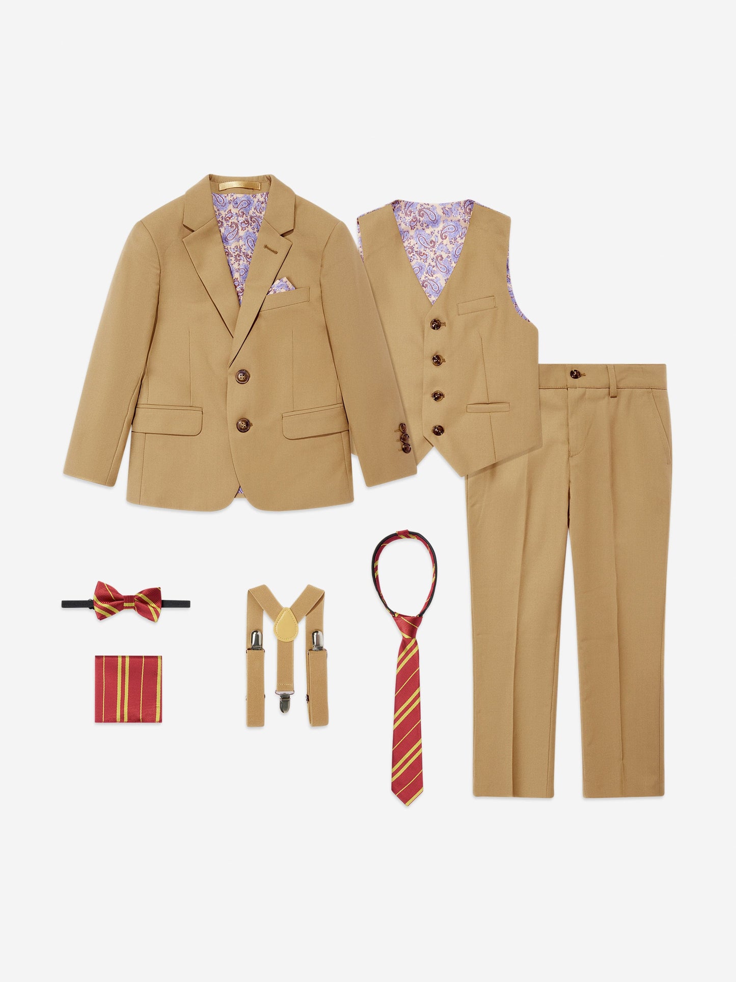 Beige boys 7-piece suit set laid out: blazer, waistcoat, trousers, tie, bow tie, braces