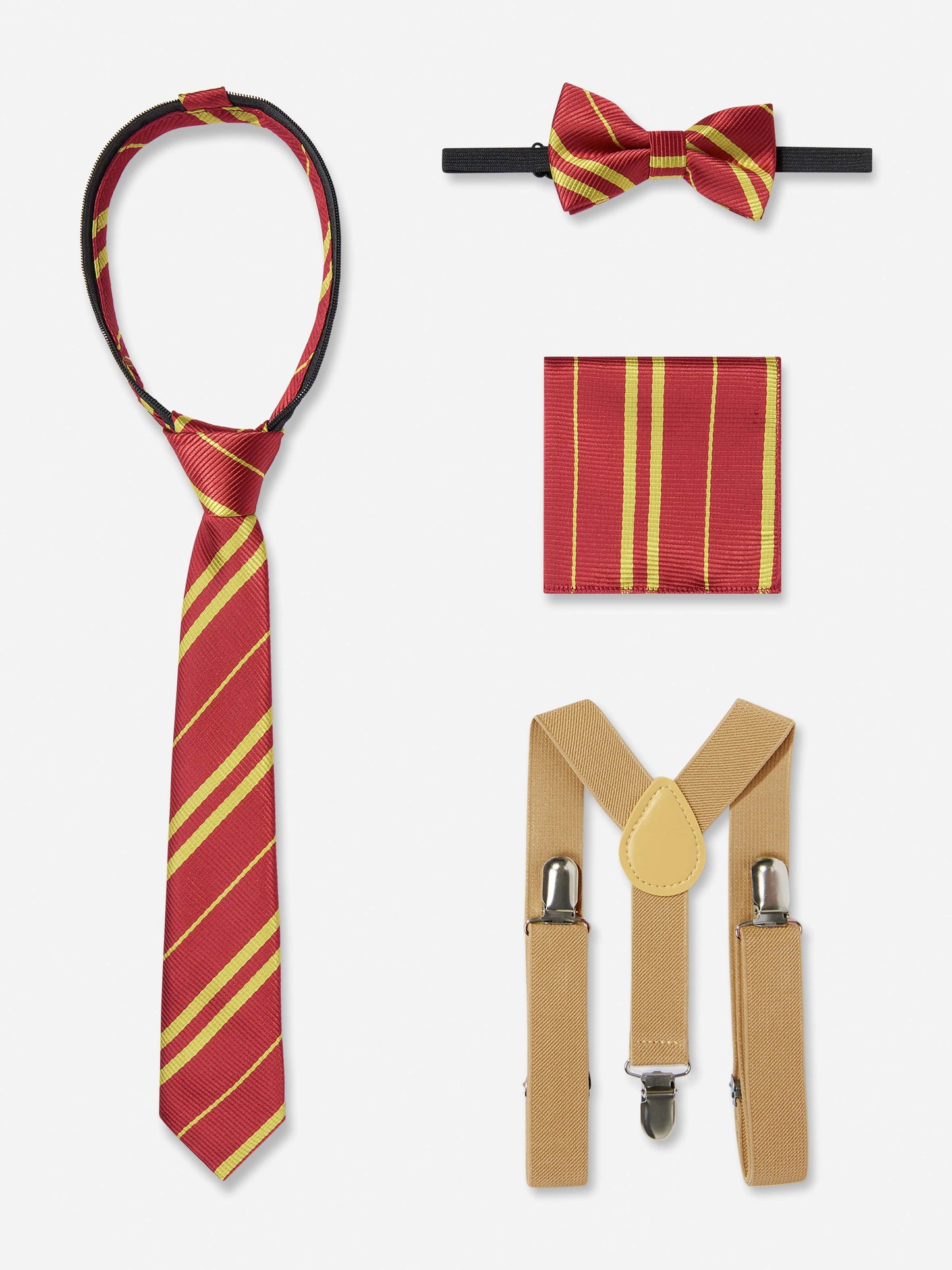 Set bordeaux gestreepte das en strik, beige bretels en gestreepte zakdoek