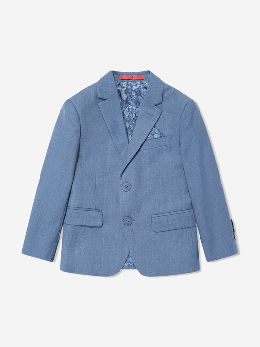 Blue boys blazer with patterned inner collar and chest pocket