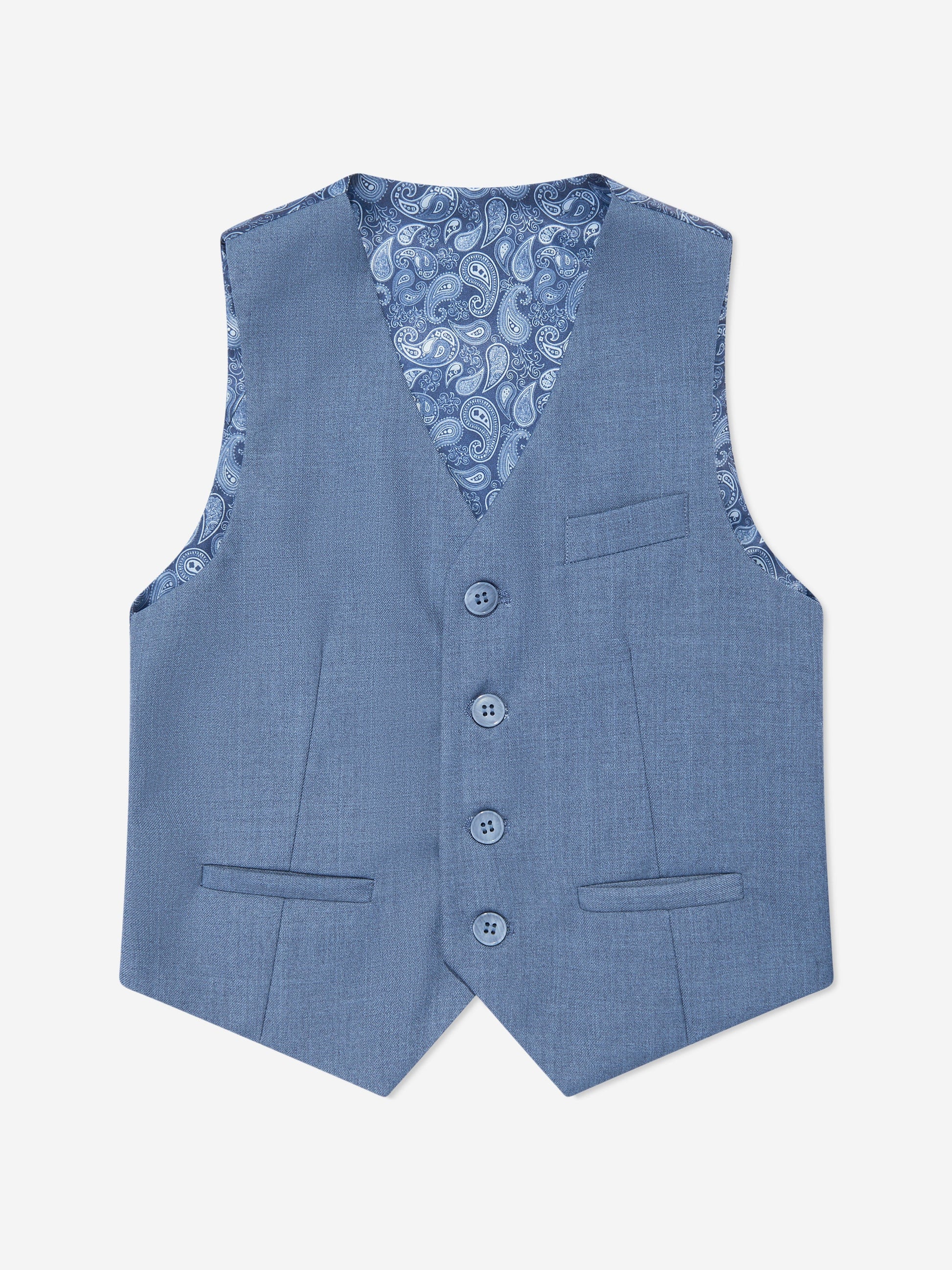 Blue boys waistcoat with four-button front and paisley patterned back