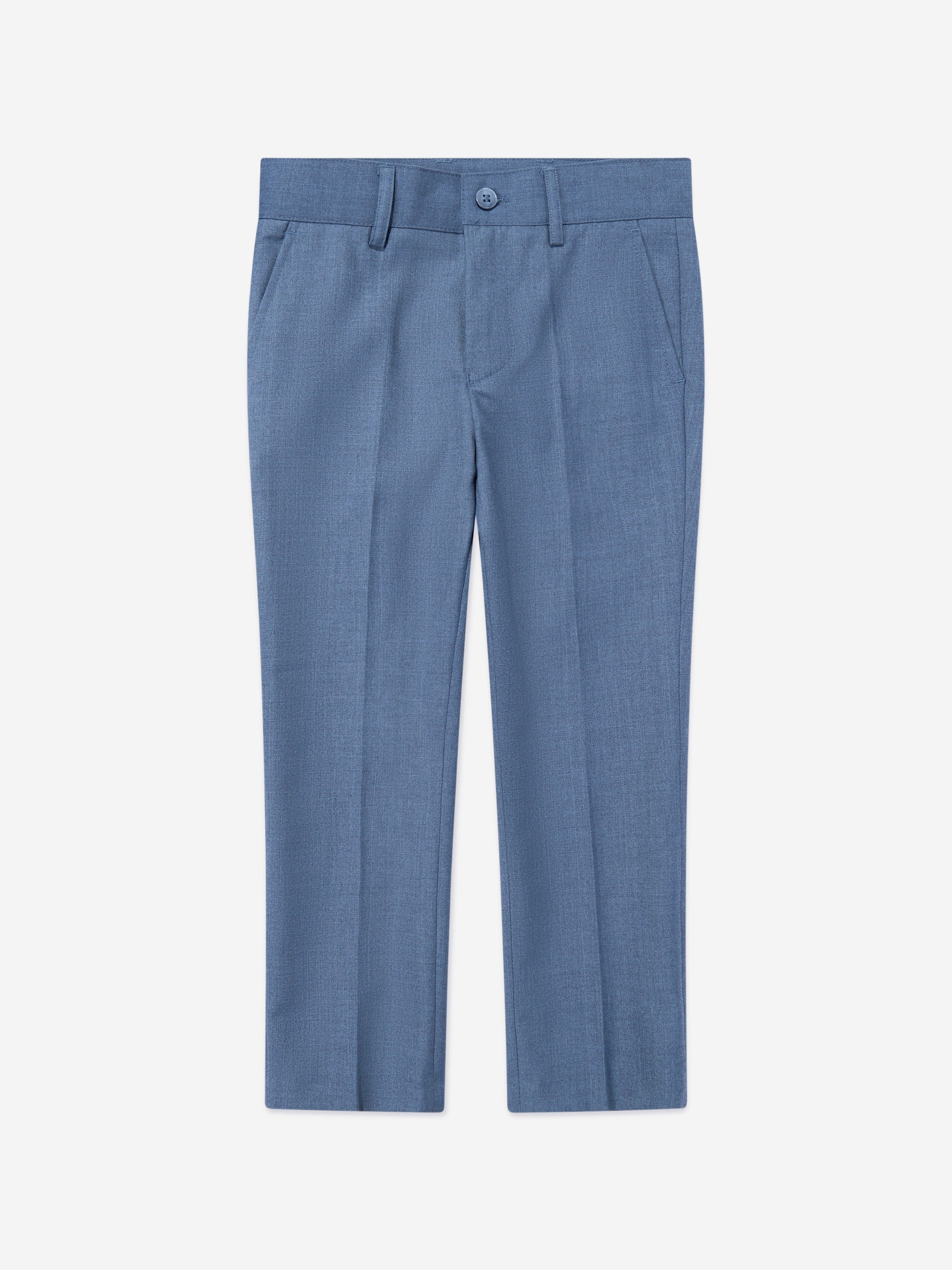 Blue boys suit trousers with belt loops and front pleats