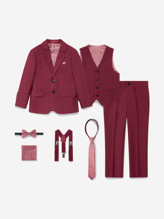 Boys 7-piece red suit set with blazer, waistcoat, trousers, tie, bow tie, braces