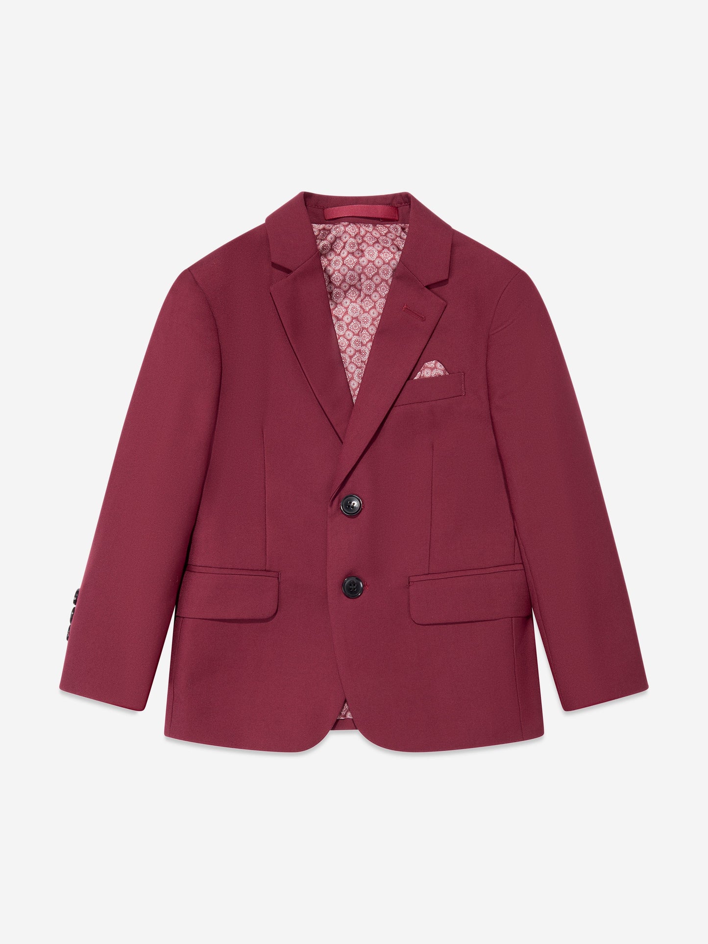 Red boys suit blazer with notched lapels, welt pockets, and patterned inner lining