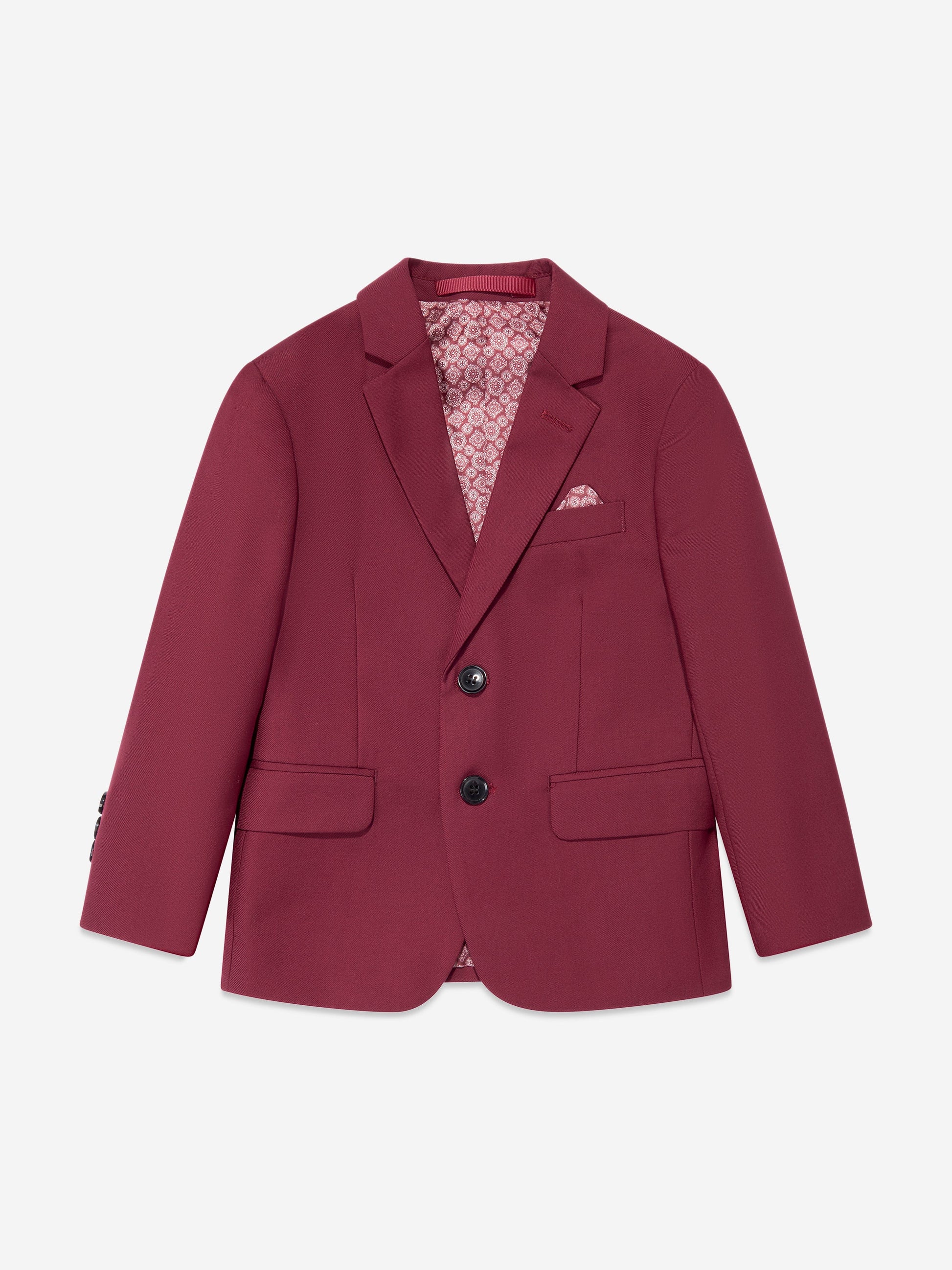 Red boys suit blazer with notched lapels, welt pockets, and patterned inner lining