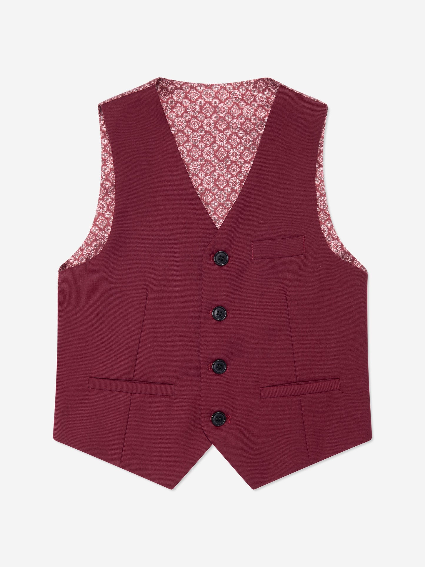 Red boys waistcoat with patterned V-neck lining and five-button front