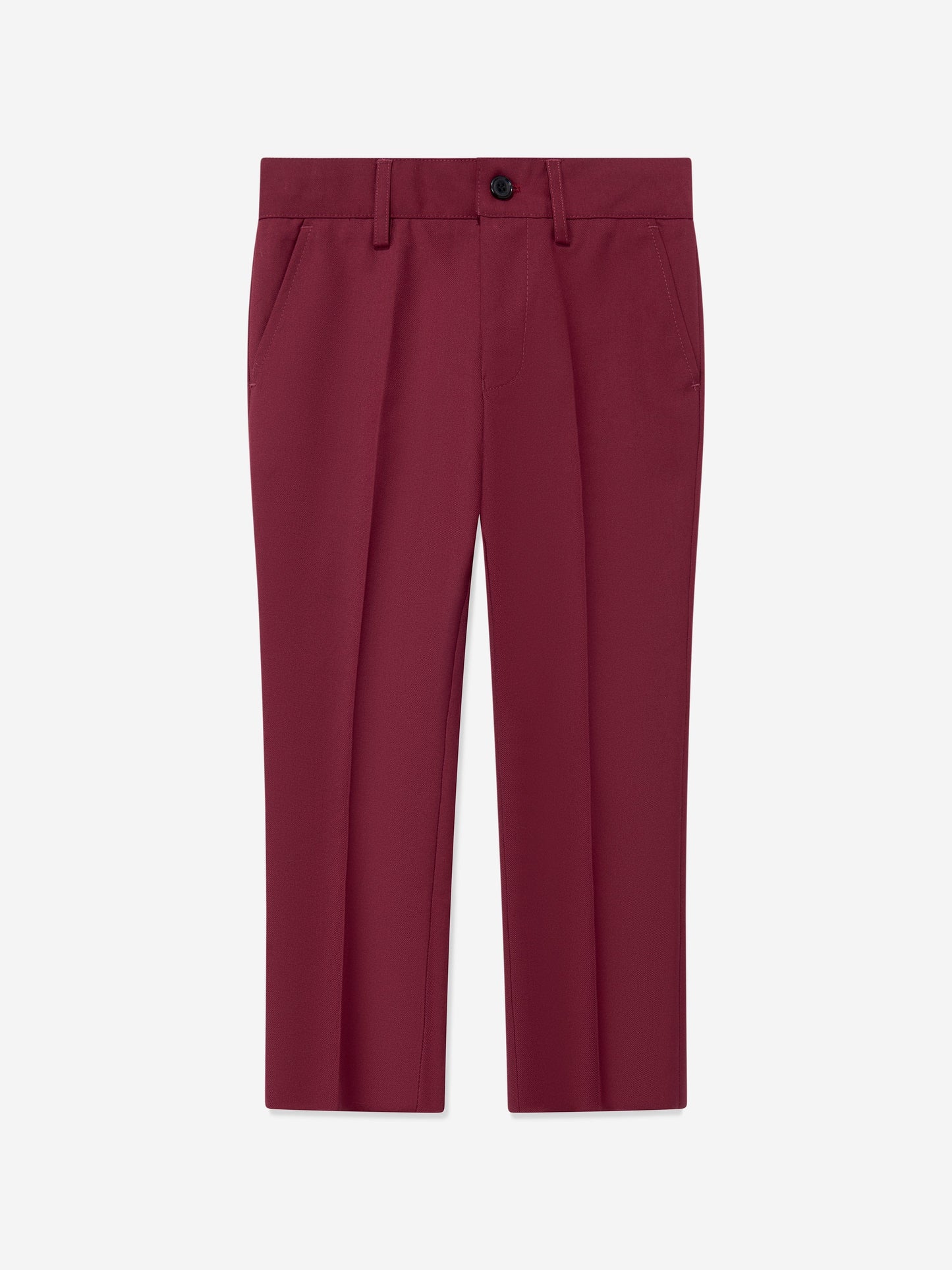 Red boys suit trousers with waistband, belt loops, and front button closure
