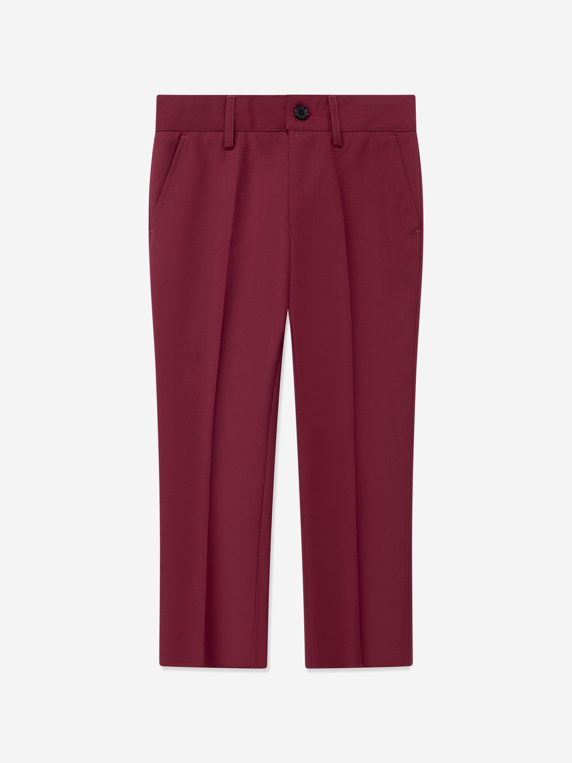 Red boys suit trousers with waistband, belt loops, and front button closure
