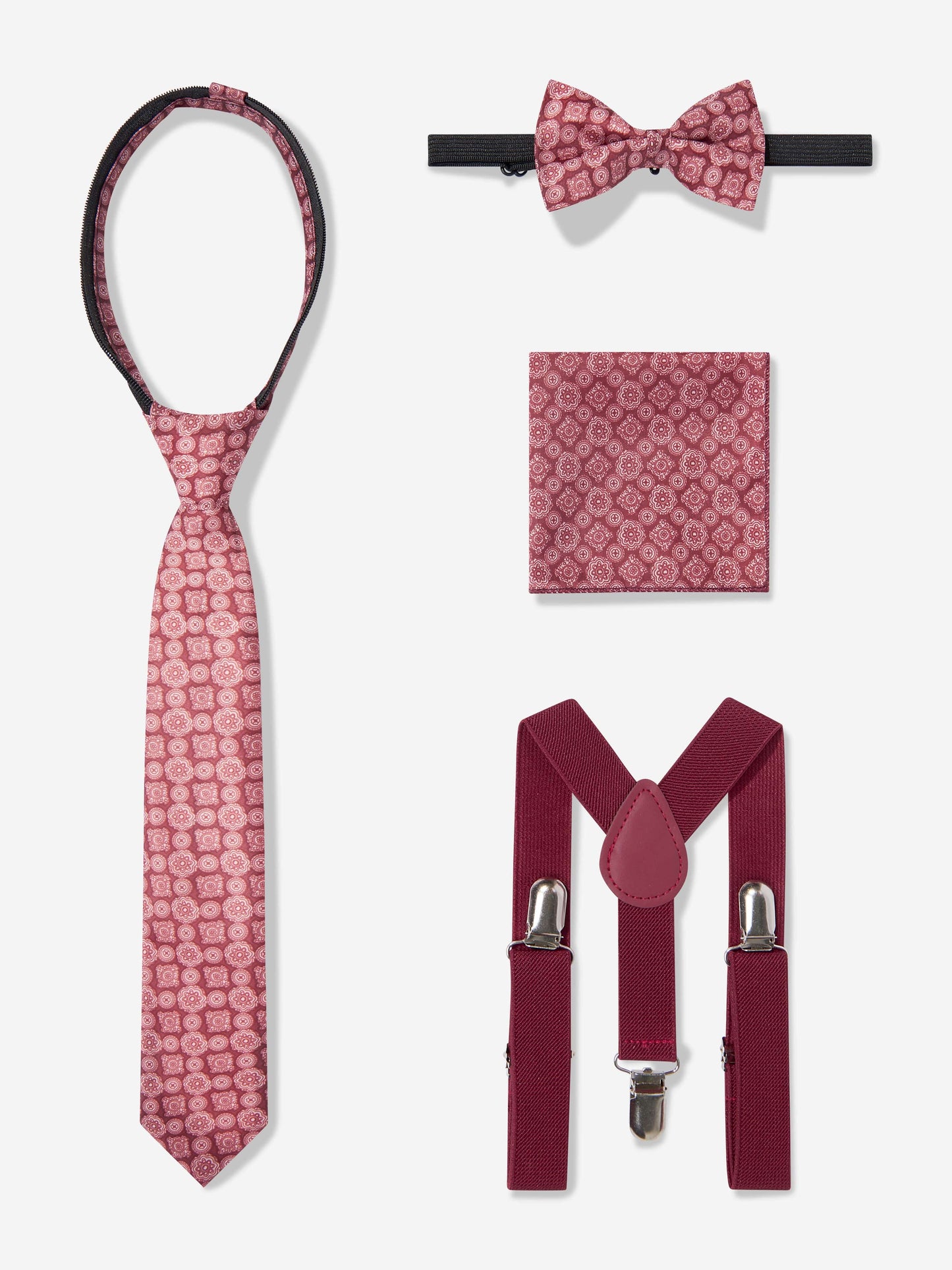 Red patterned tie, bow tie, pocket square, and braces set with metal clips