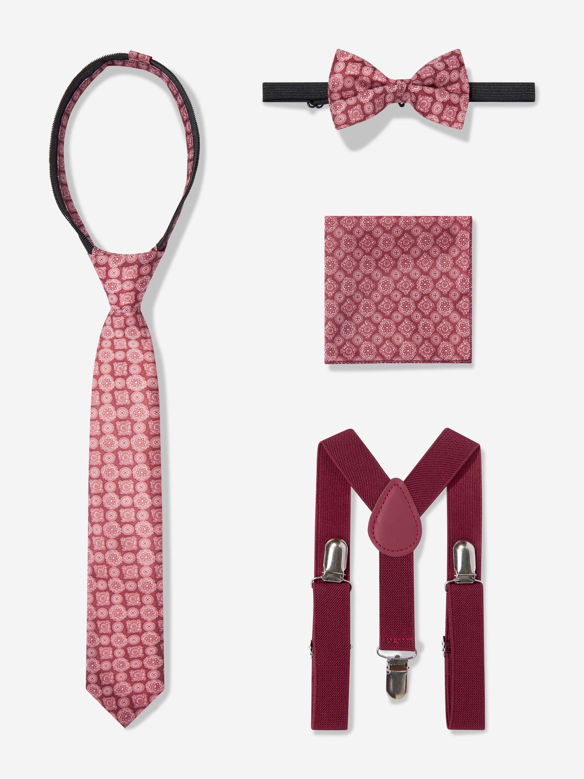 Red patterned tie, bow tie, pocket square, and braces set with metal clips