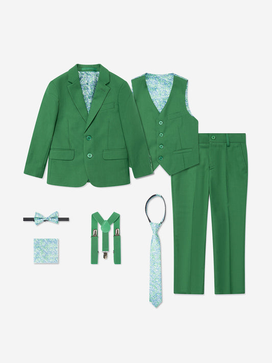 Green boys 7-piece suit set: blazer, waistcoat, trousers, bow tie, tie, pocket square